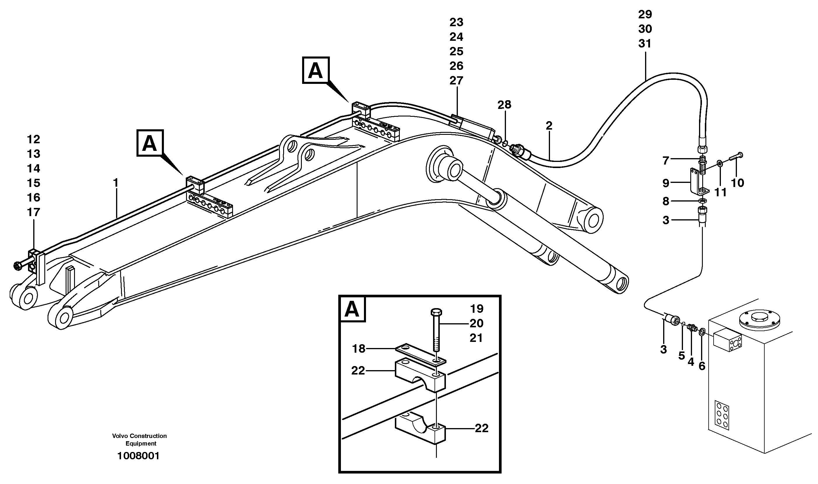 Hammer hydraulics on mono boom, return line  14314050 — volvo parts diagram