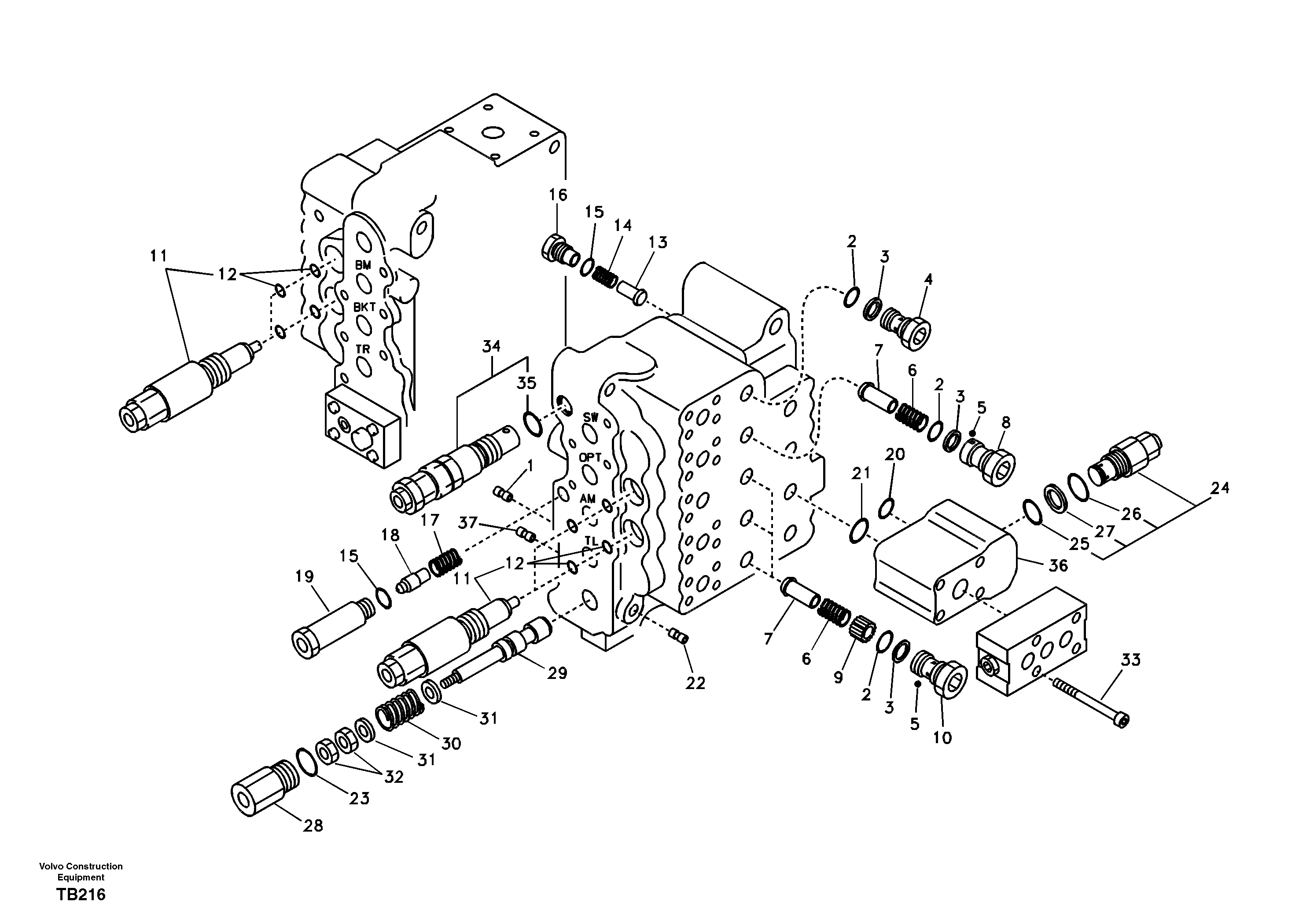 Main control valve, relief valve and dipper arm holding — volvo parts diagram