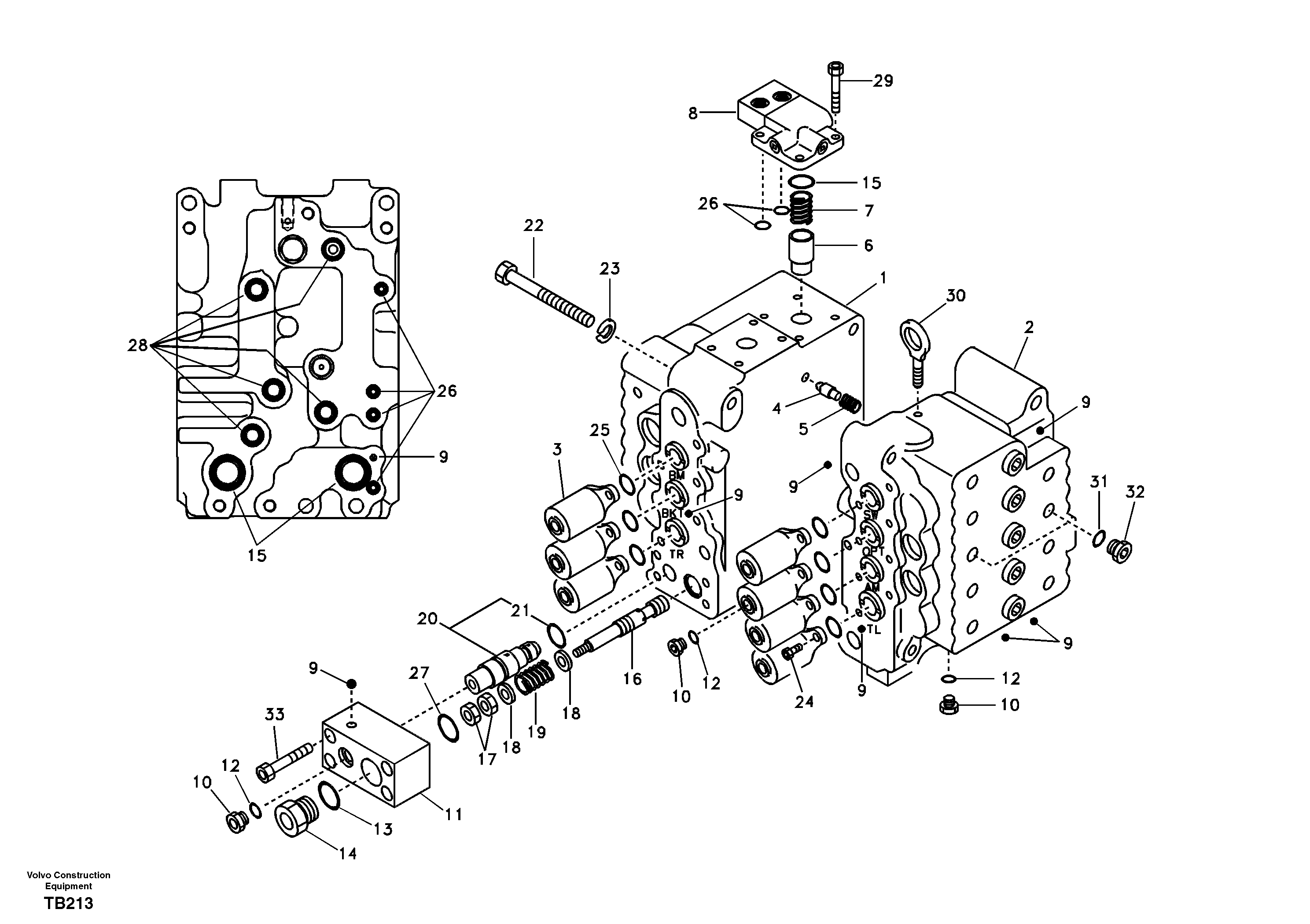 Main control valve, relife valve and boom holding — volvo parts diagram