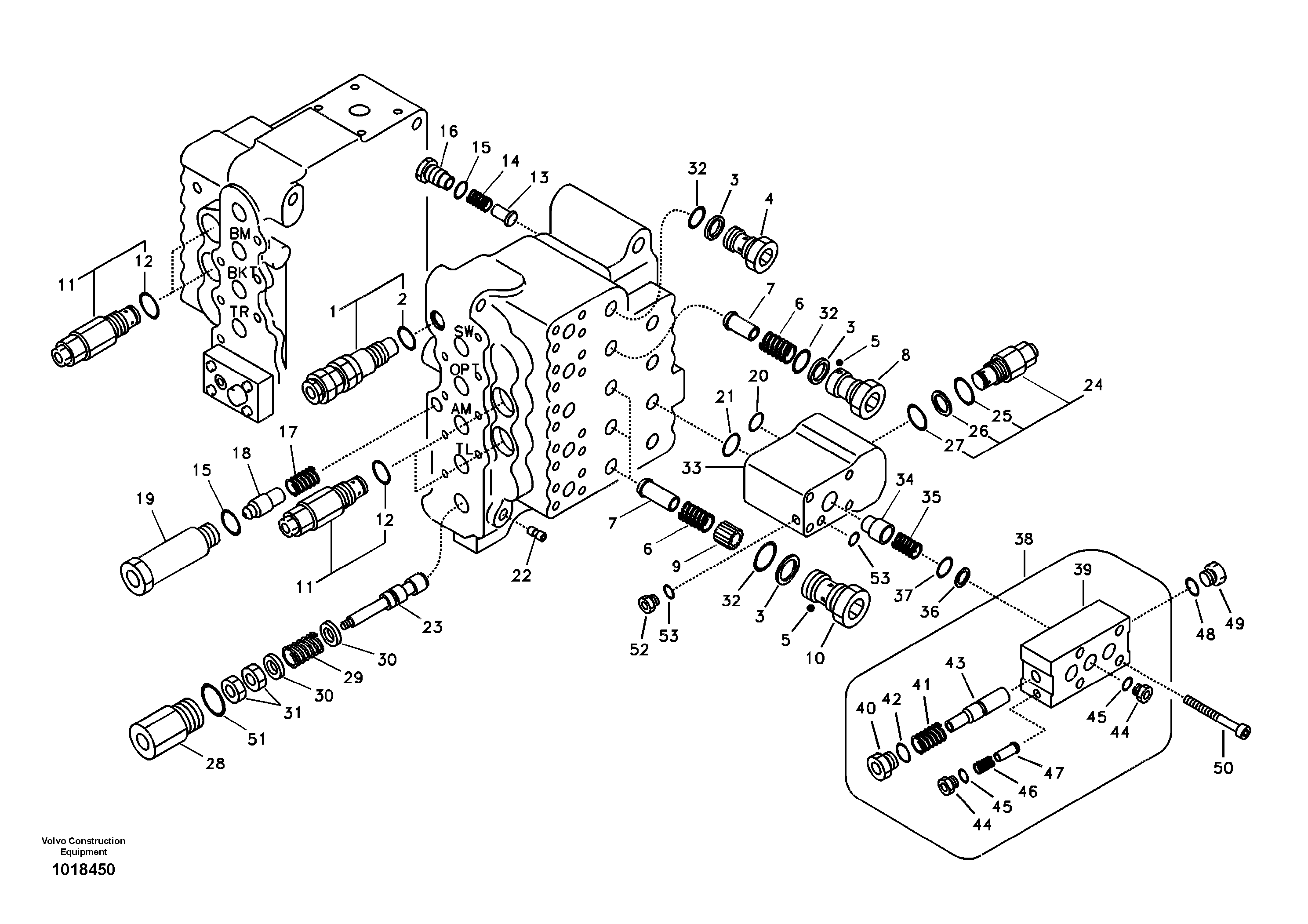 Main control valve, relief valve and dipper arm holding — volvo parts diagram