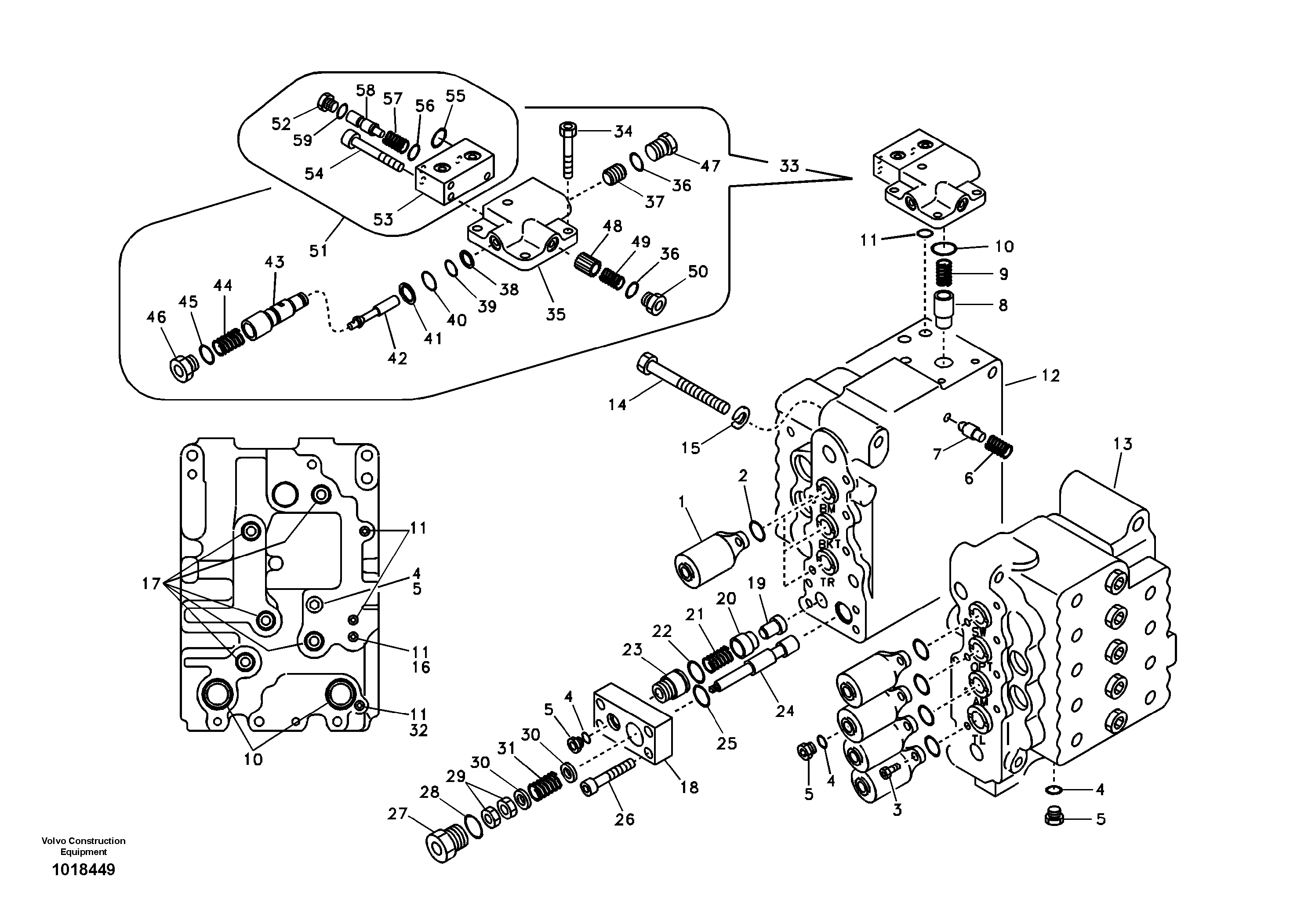 Main control valve, relife valve and boom holding — volvo parts diagram
