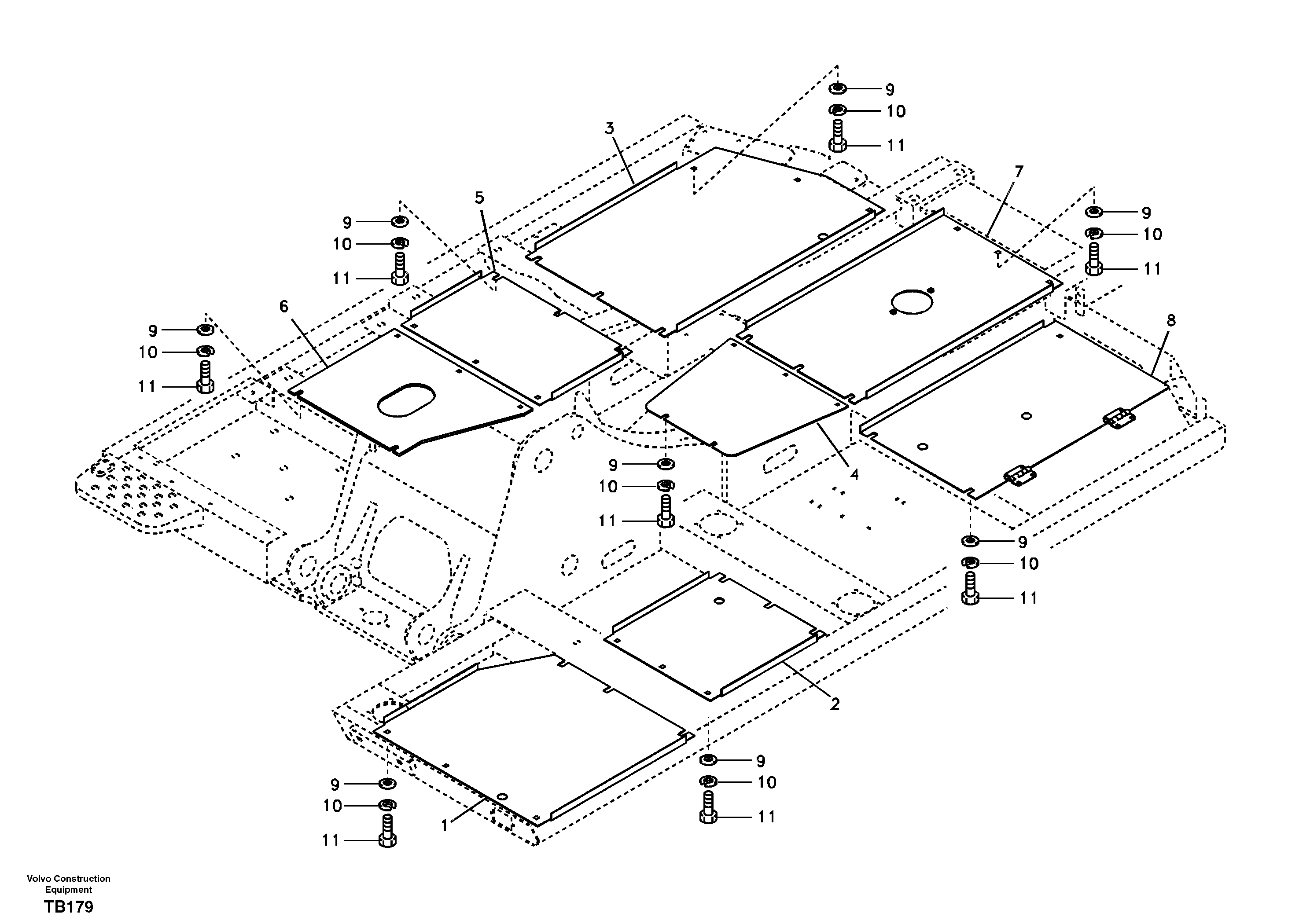 Hatches under engine, hydr.pumps, cooler, m.valve and fuel tank. — volvo parts diagram