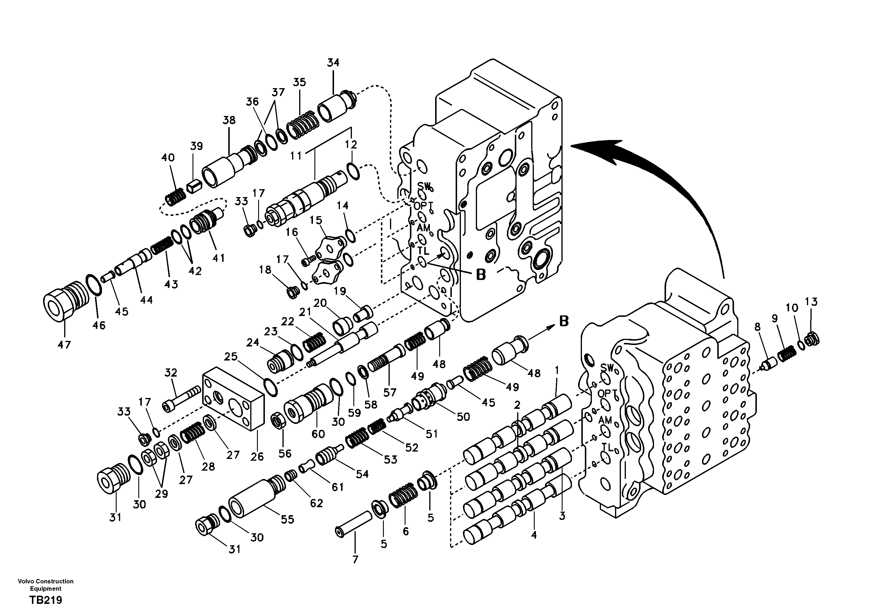 Main control valve, swing and option and dipper arm and travel Lh — volvo parts diagram