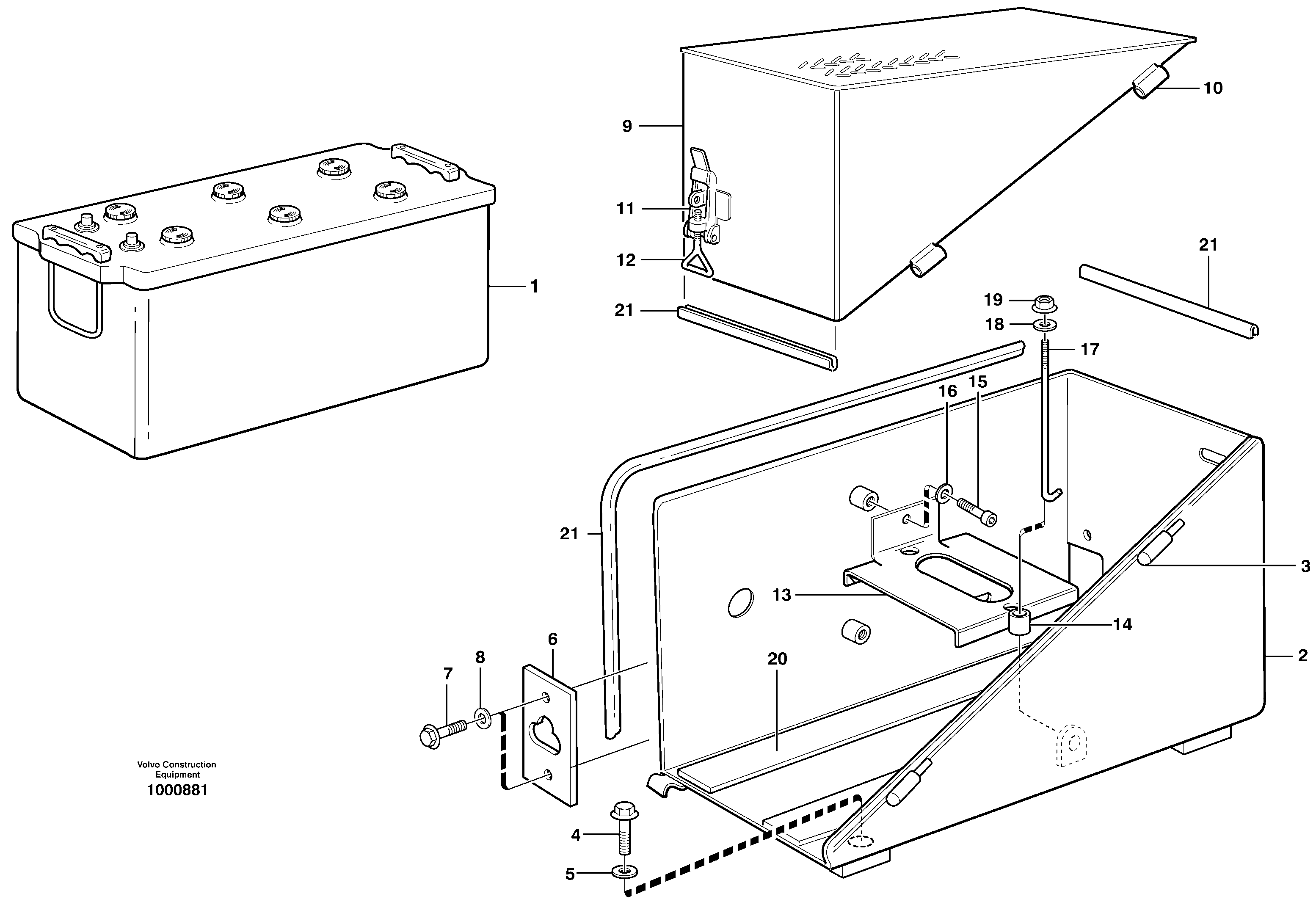 Battery box with fitting parts SER NO - 1196, SER NO - 60123 USA, SER NO - 70207 PED — volvo parts diagram