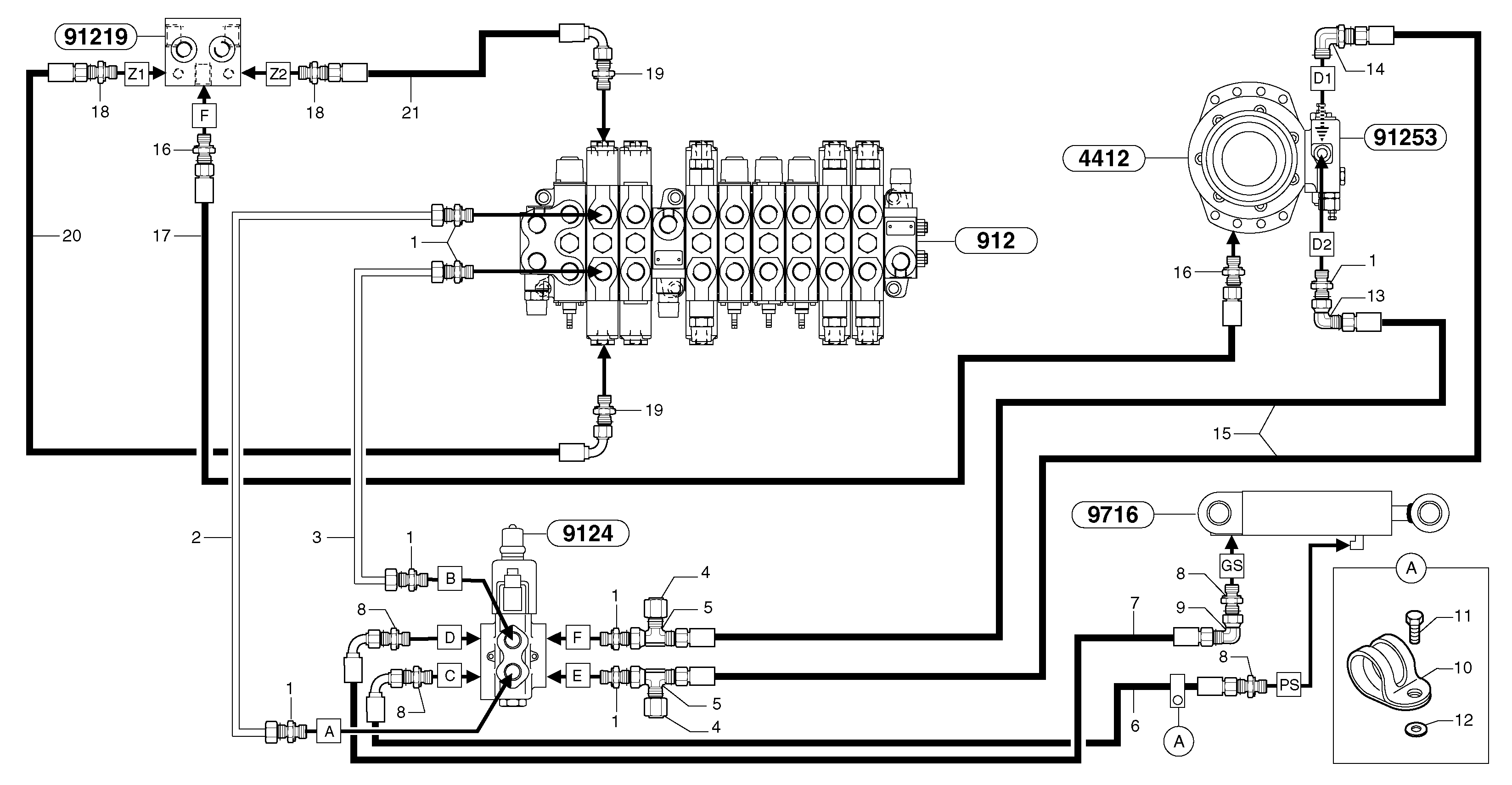 Hydr. circuit. ( boom slewing / offset ) — volvo parts diagram