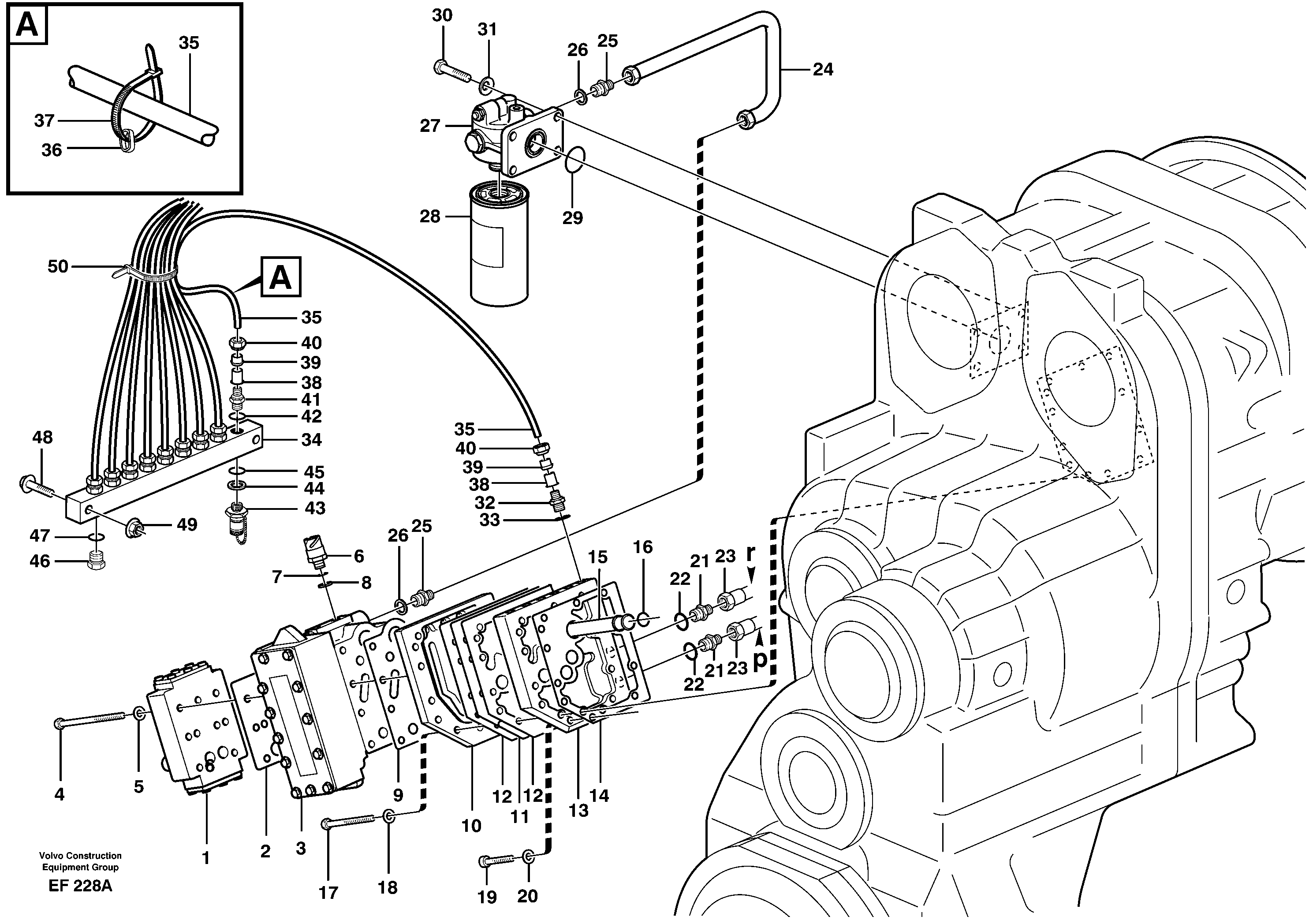 Oil filter and testing block.  22526, 22528 — volvo parts diagram