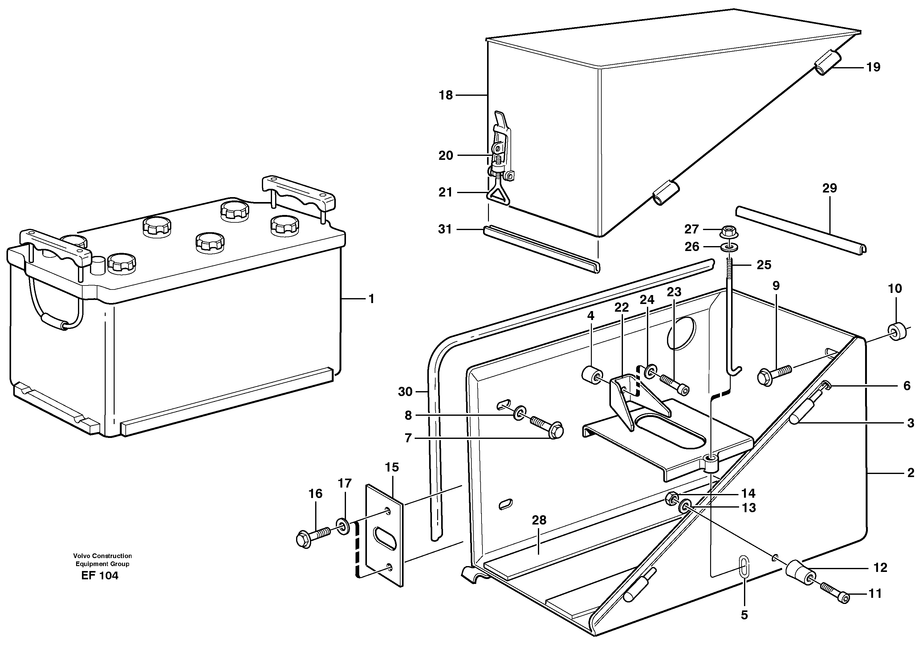Battery box with fitting parts — volvo parts diagram