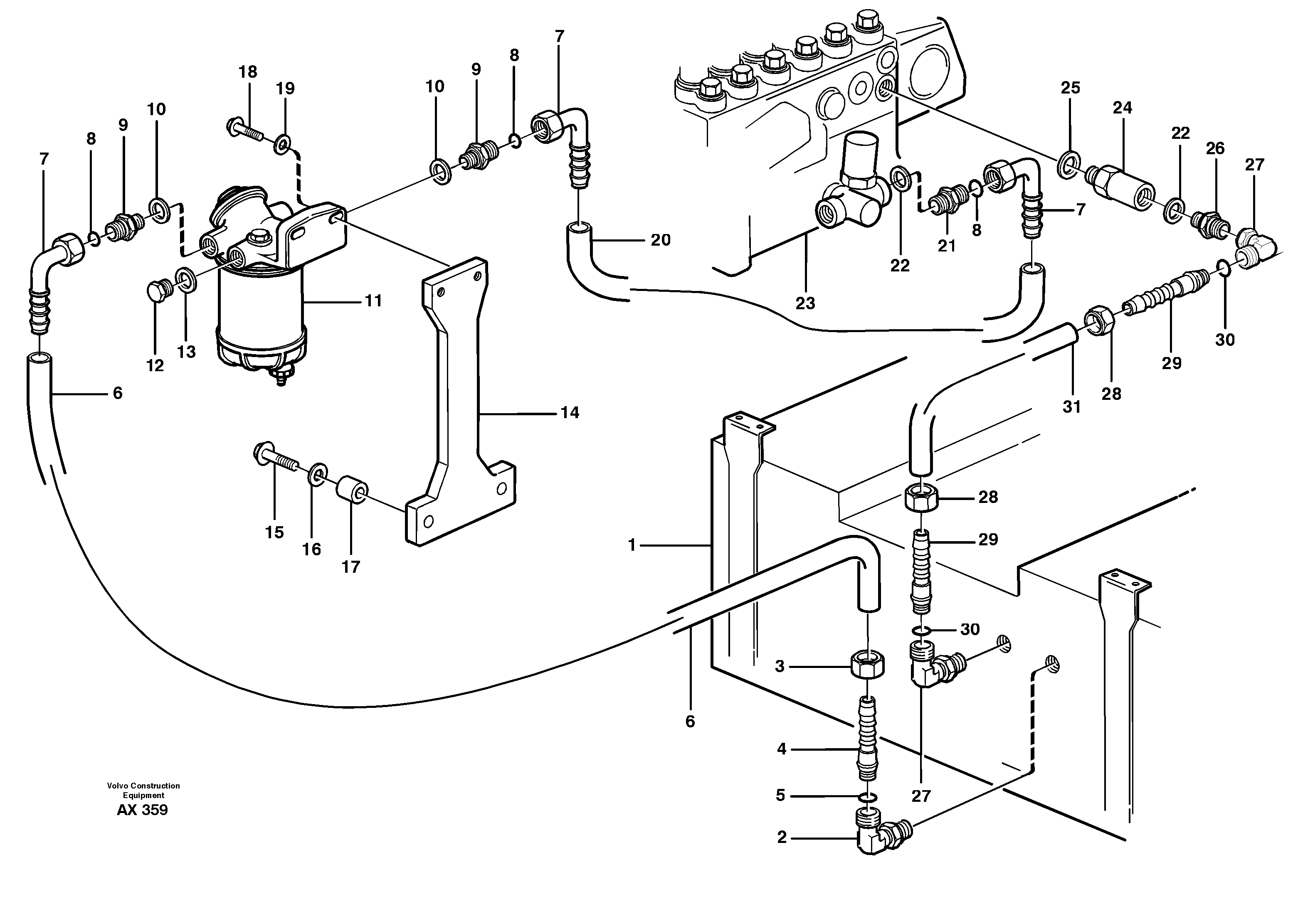 Fuel pipes: fuel tank - injection pump  SER NO 60308 -, 31707 SER NO 68056 - — volvo parts diagram