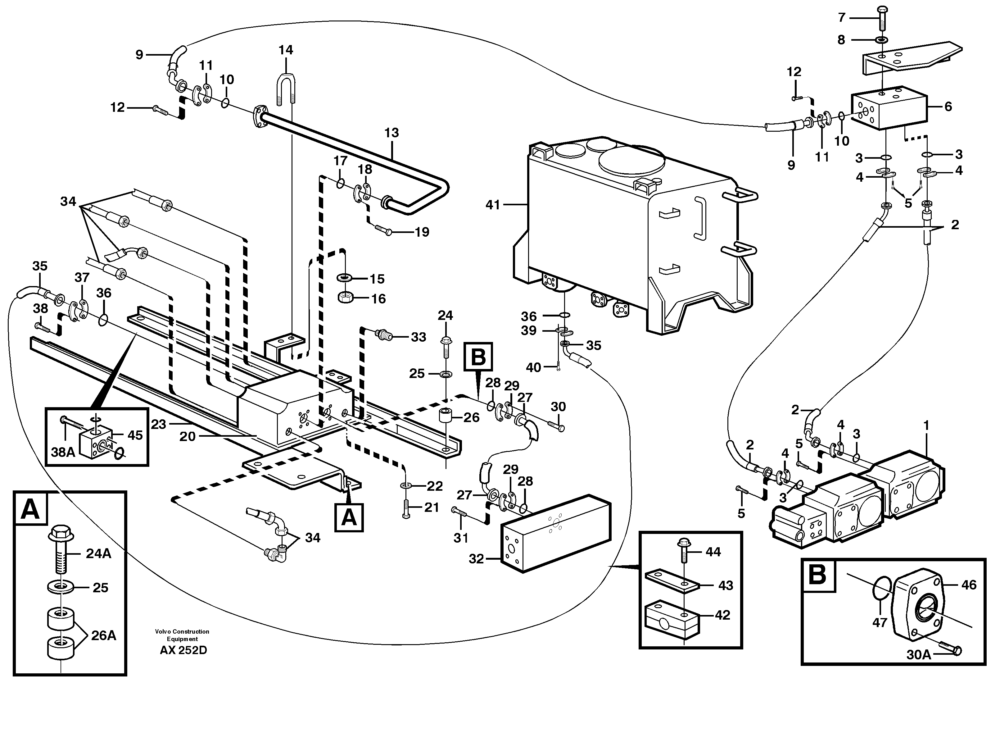 Steering system. Lines, pump-flow amplif.-tank — volvo parts diagram