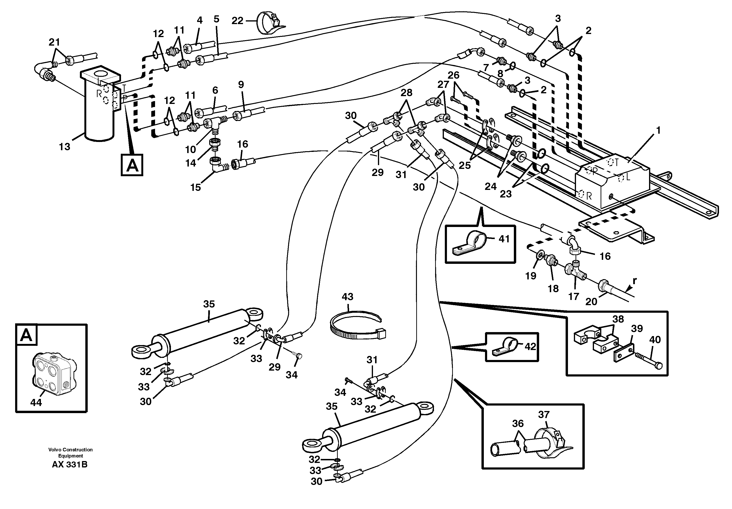 Steering system. Lines, Control valve-cylinders — volvo parts diagram
