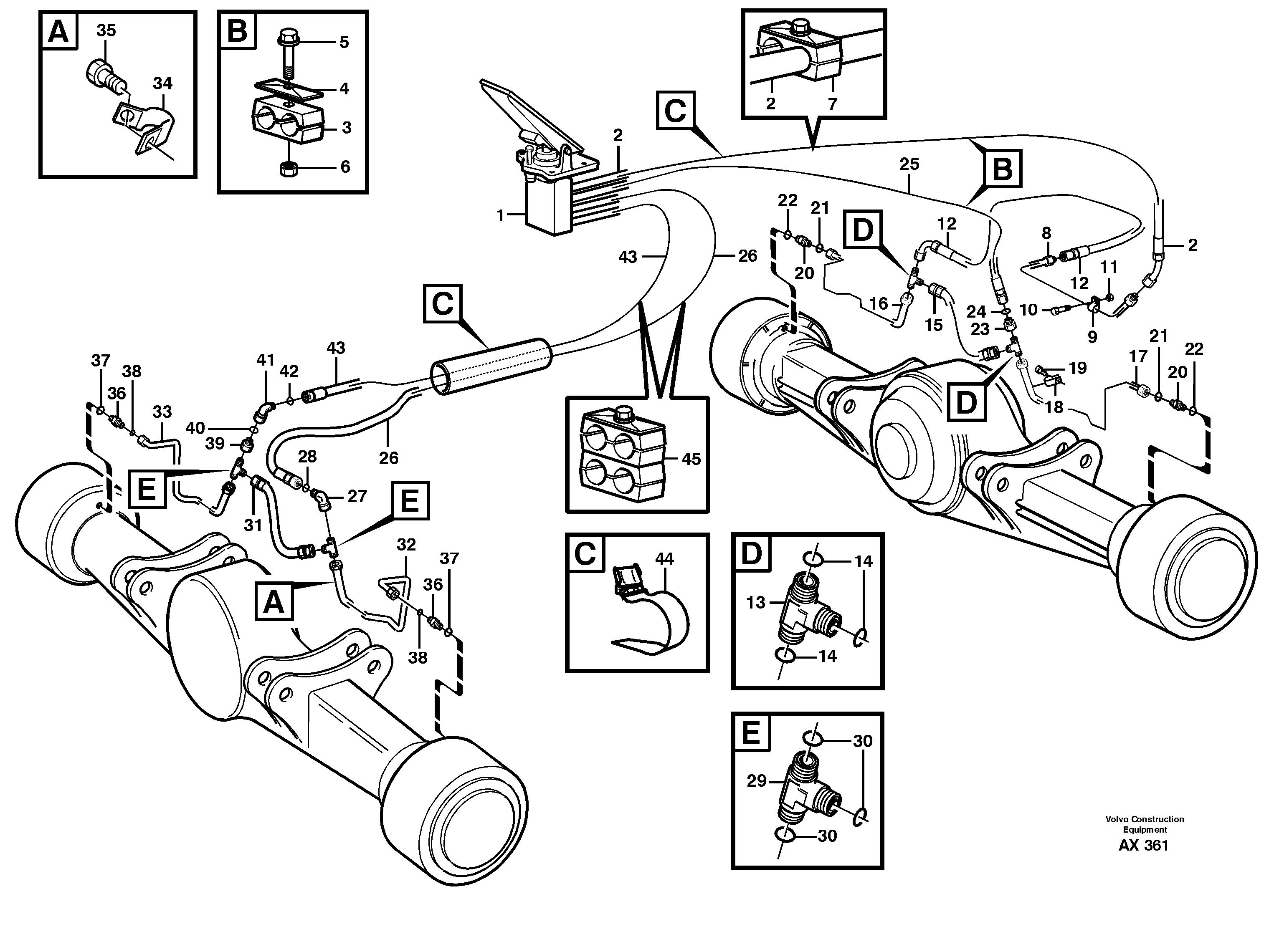 Brake lines, footbrake valve - axles  SER NO 60338 -, 31707 SER NO 68058 - — volvo parts diagram