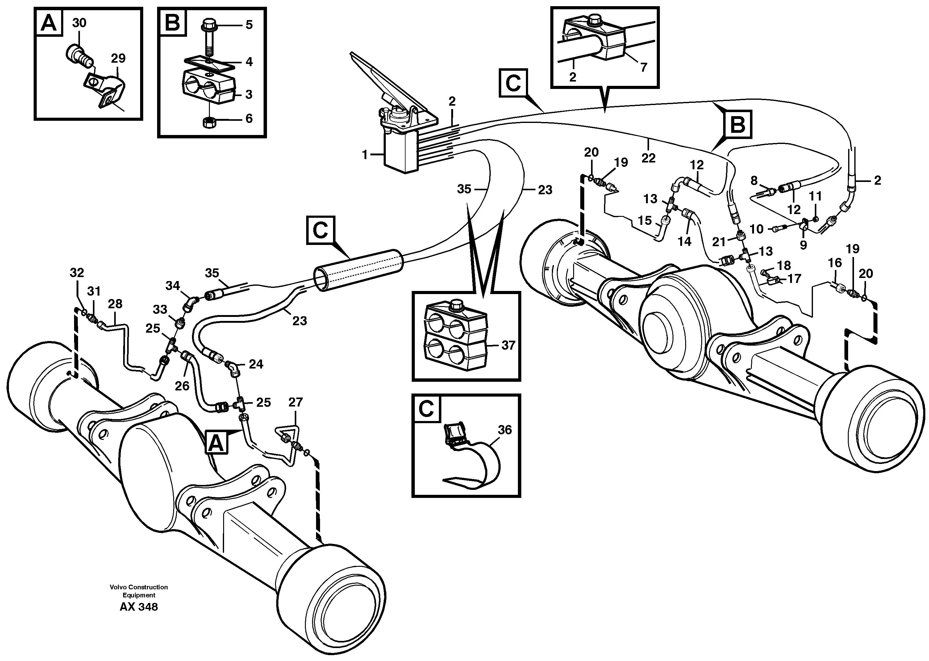 Brake lines, footbrake valve - axles  SER NO - 60337, 31707 SER NO - 68057 — volvo parts diagram