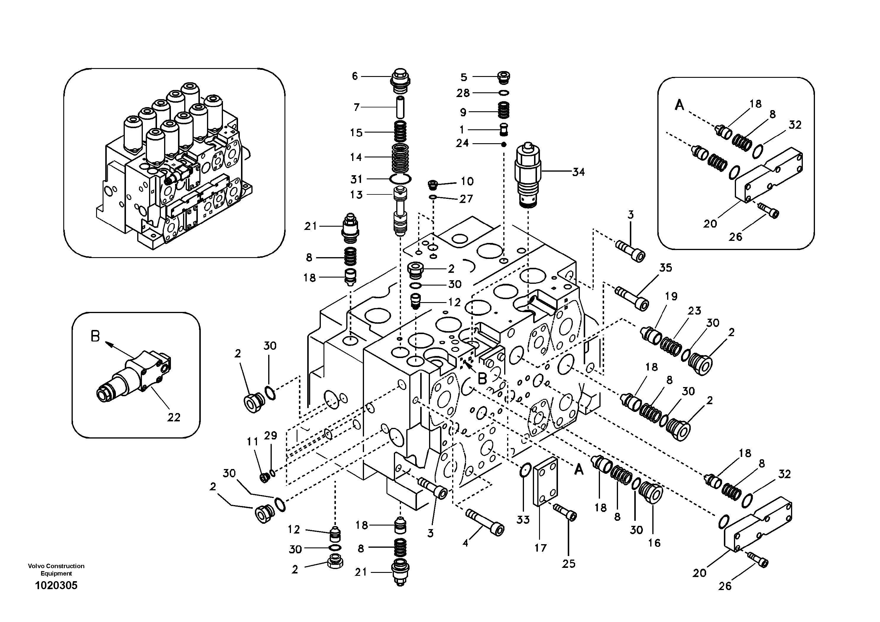 Main control valve, relief valve and dipper arm holding — volvo parts diagram
