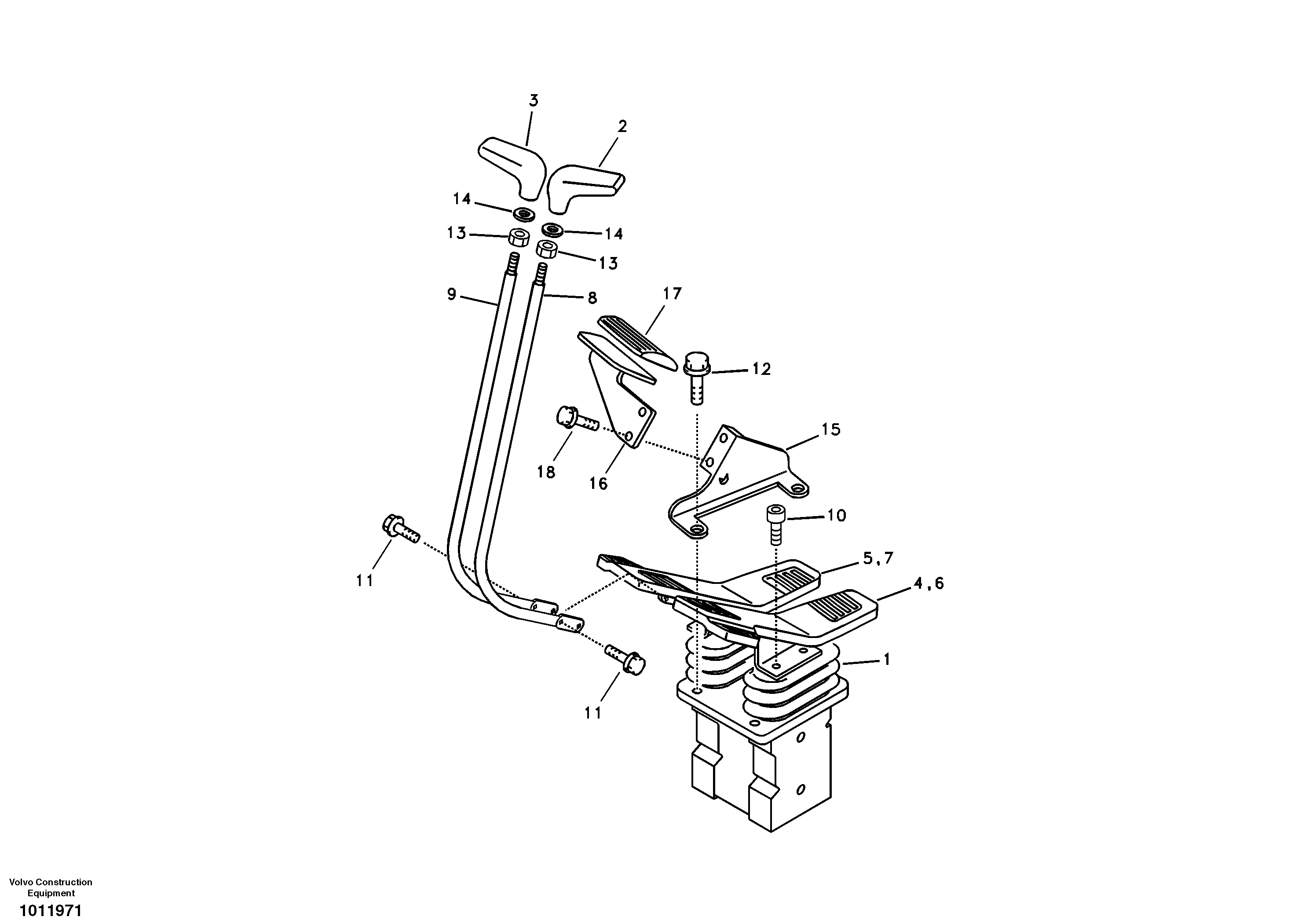 Remote control valve pedal with fitting parts — volvo parts diagram