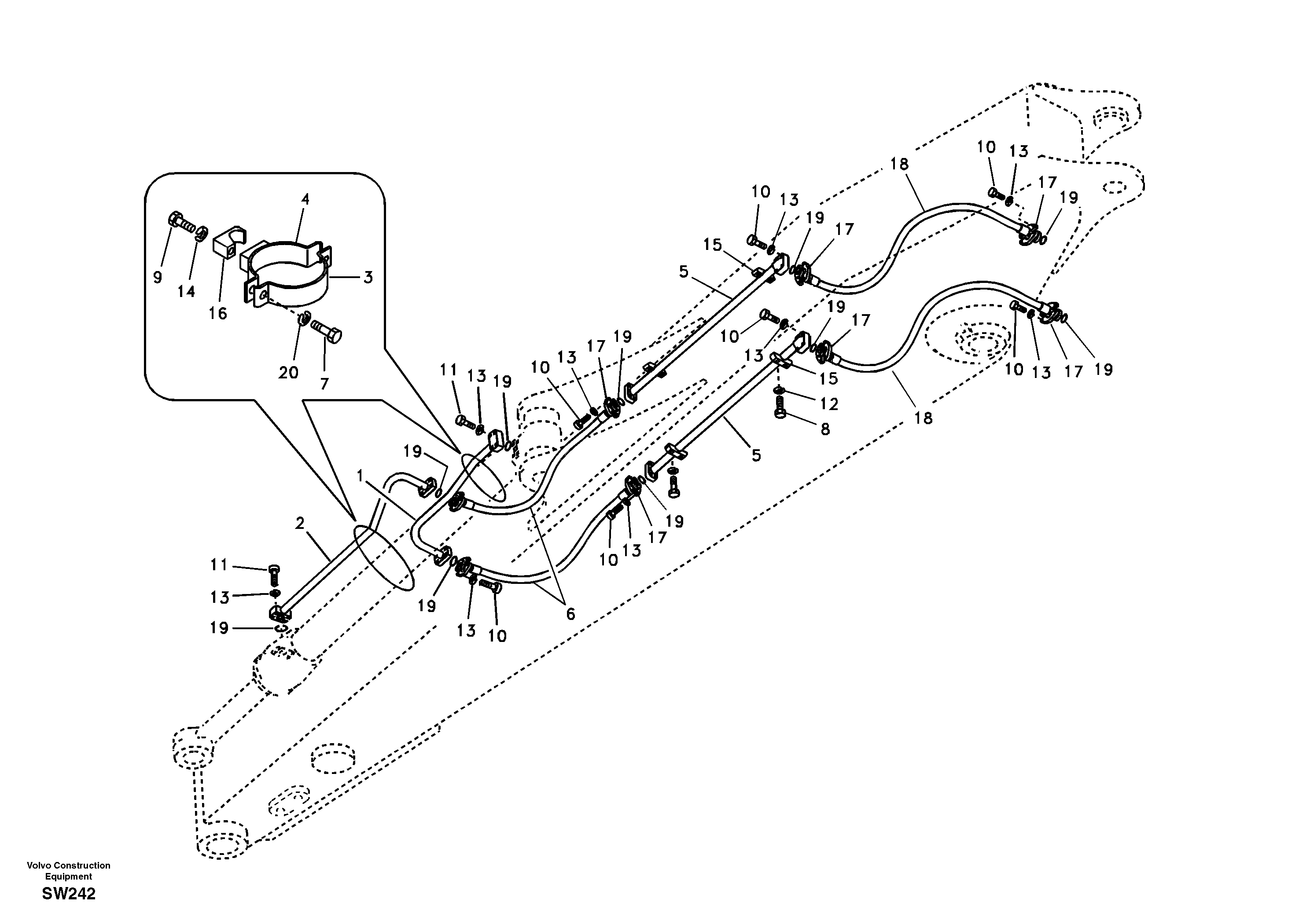 Working hydraulic, bucket cylinder on long dipper arm — volvo parts diagram