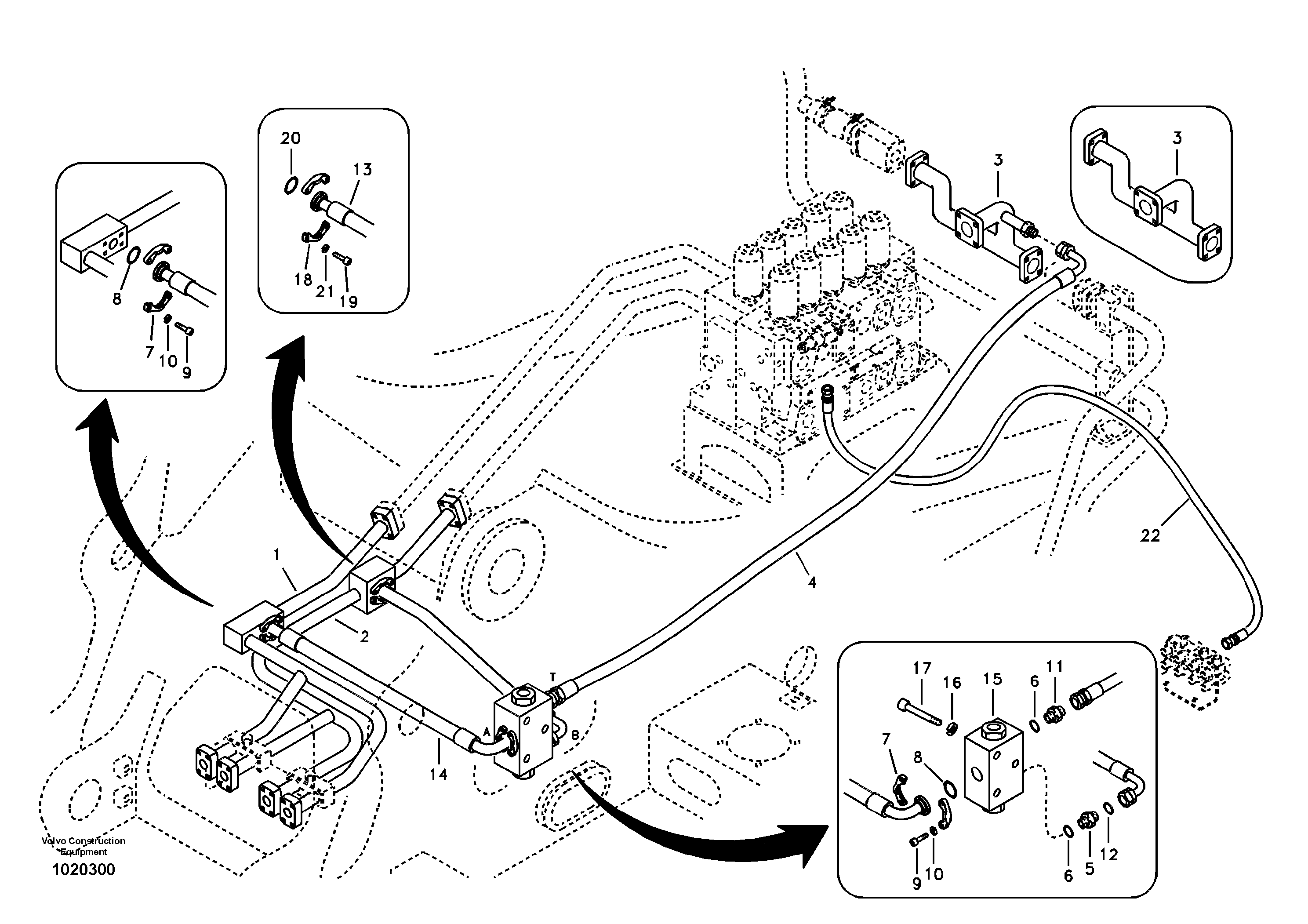 Hydraulic system, control valve to boom and swing — volvo parts diagram