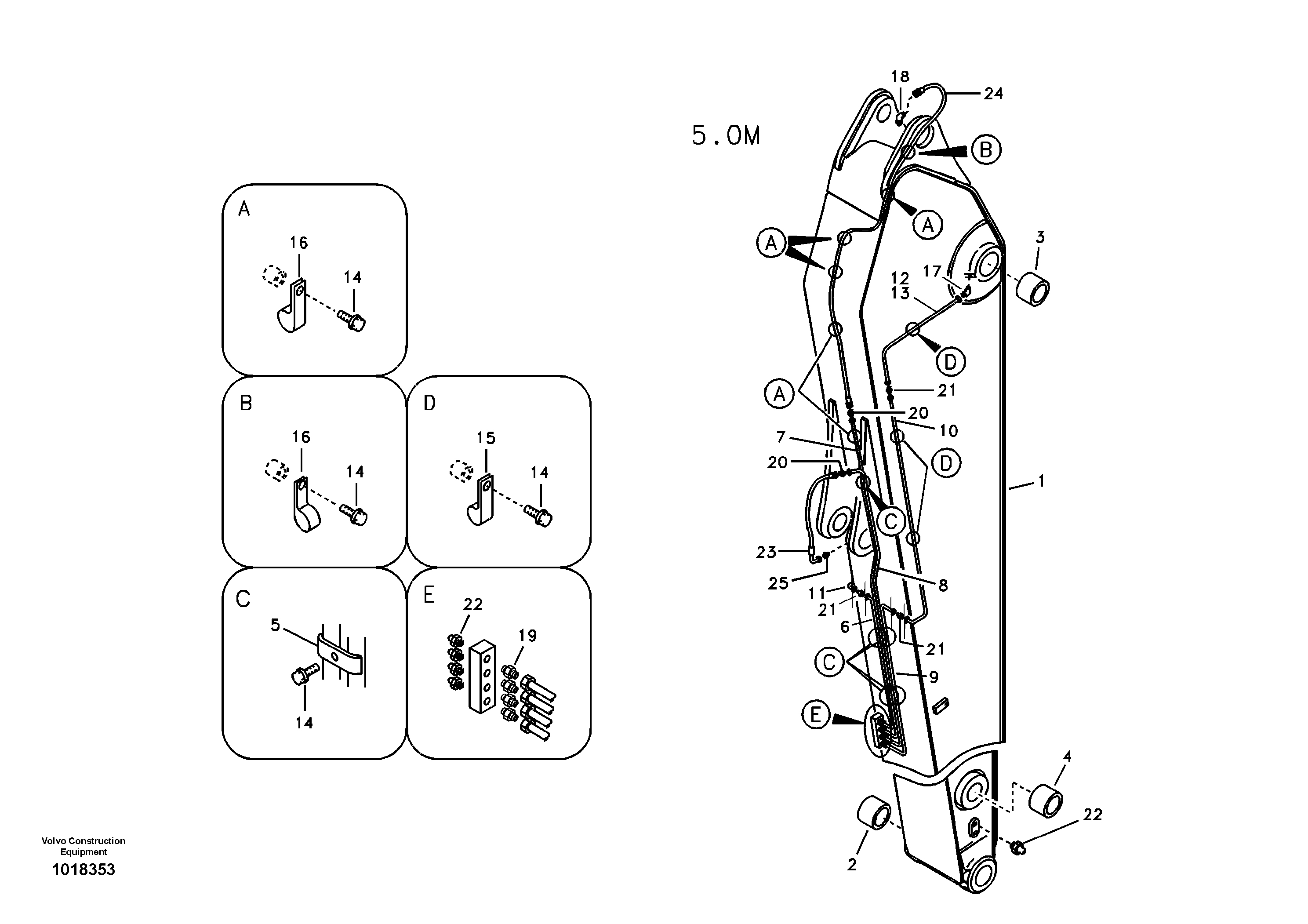 Dipper arm and grease piping with piping seat, long reach — volvo parts diagram