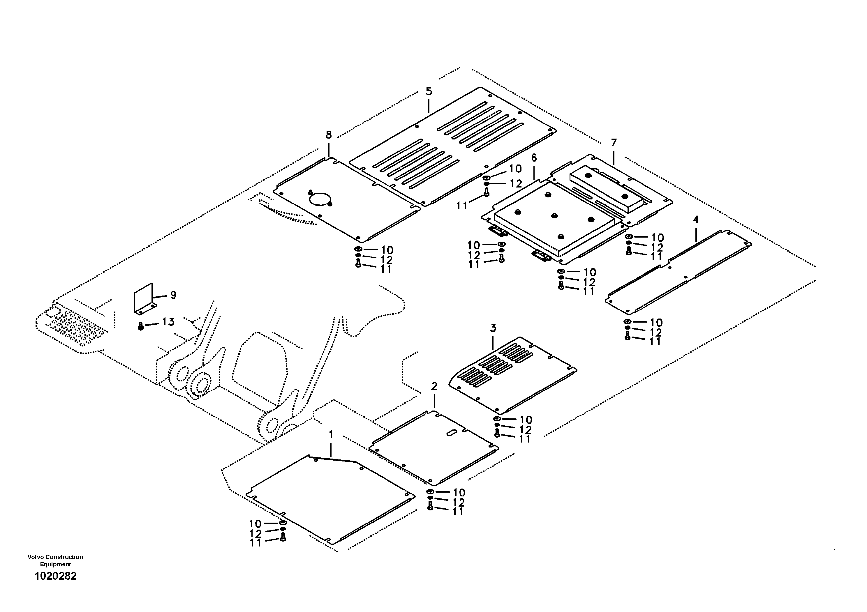 Hatches under engine, hydr.pumps, cooler, m.valve and fuel tank. — volvo parts diagram