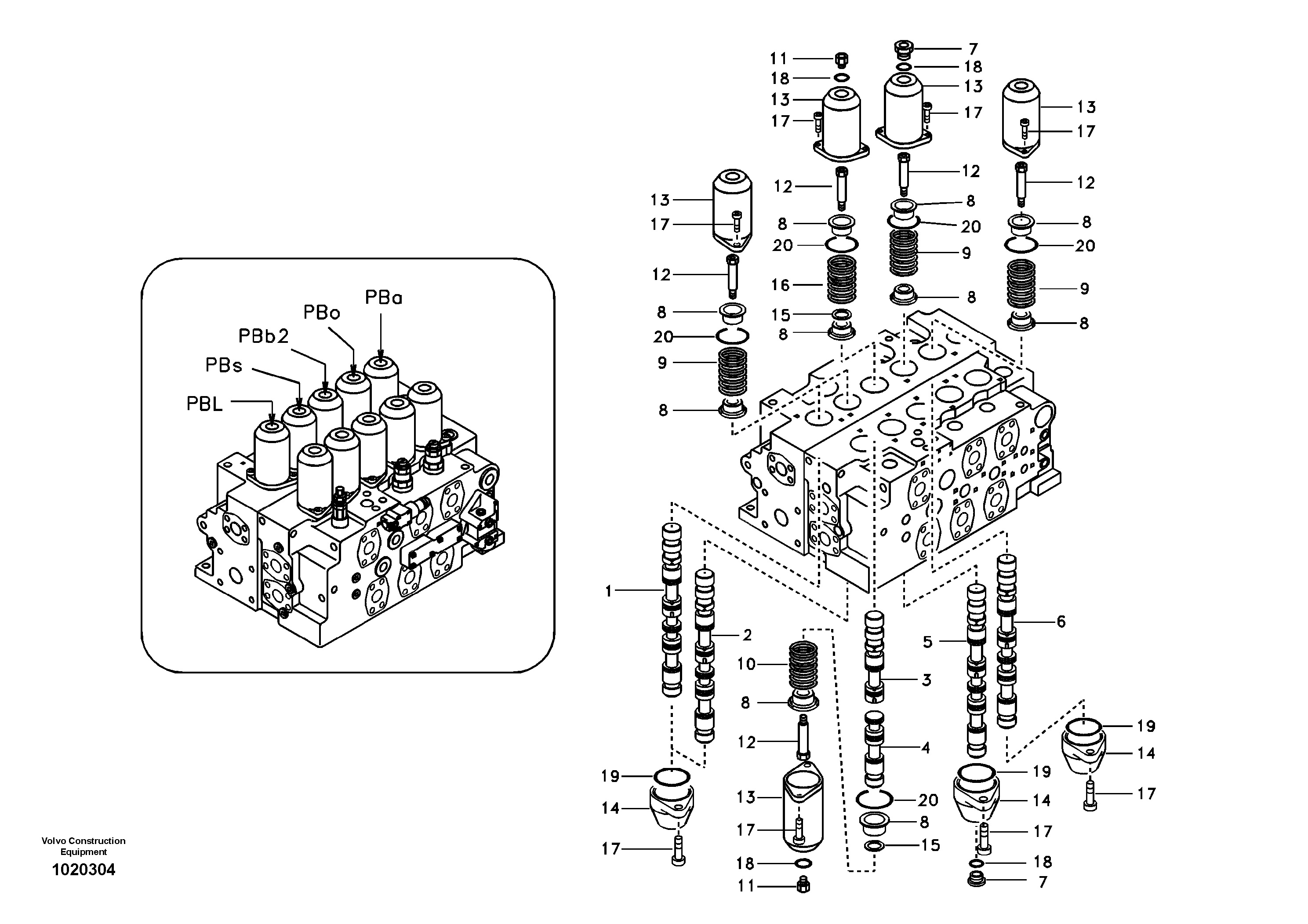 Main control valve, swing and option and dipper arm and travel Lh — volvo parts diagram