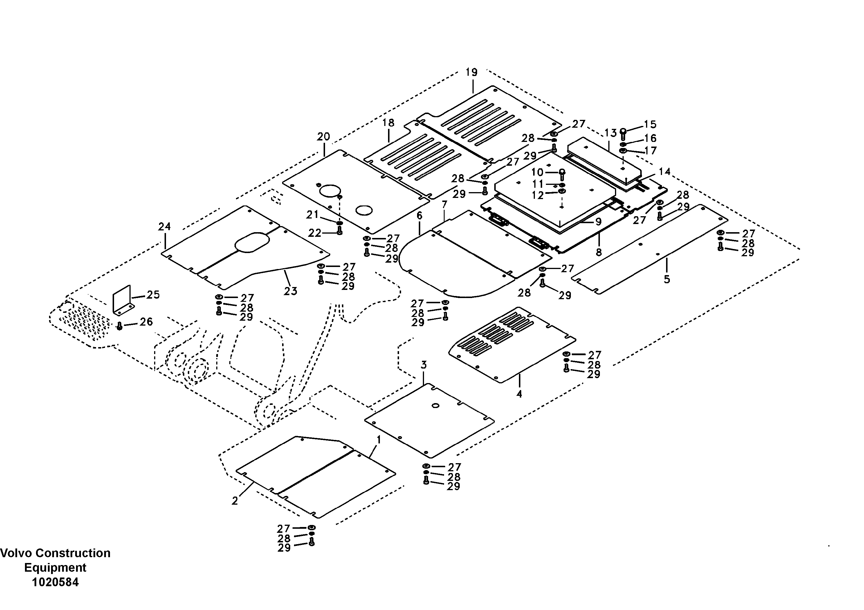 Hatches under engine, hydr.pumps, cooler, m.valve and fuel tank. — volvo parts diagram