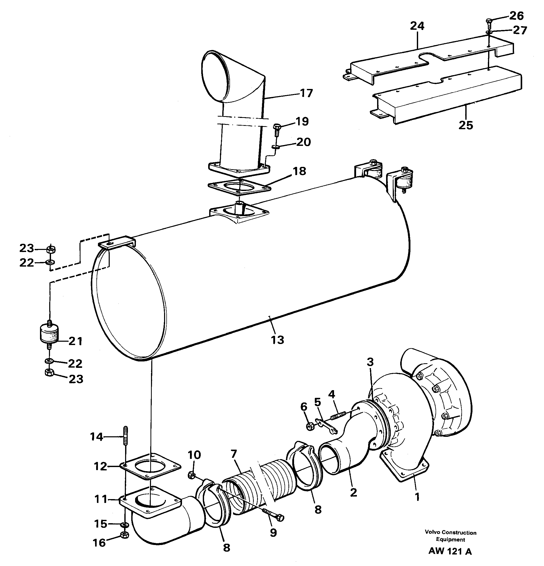 Exhaust system, silencer  STD SER NO - 2824, 2826 - 2848, 2850 - 3000. — volvo parts diagram