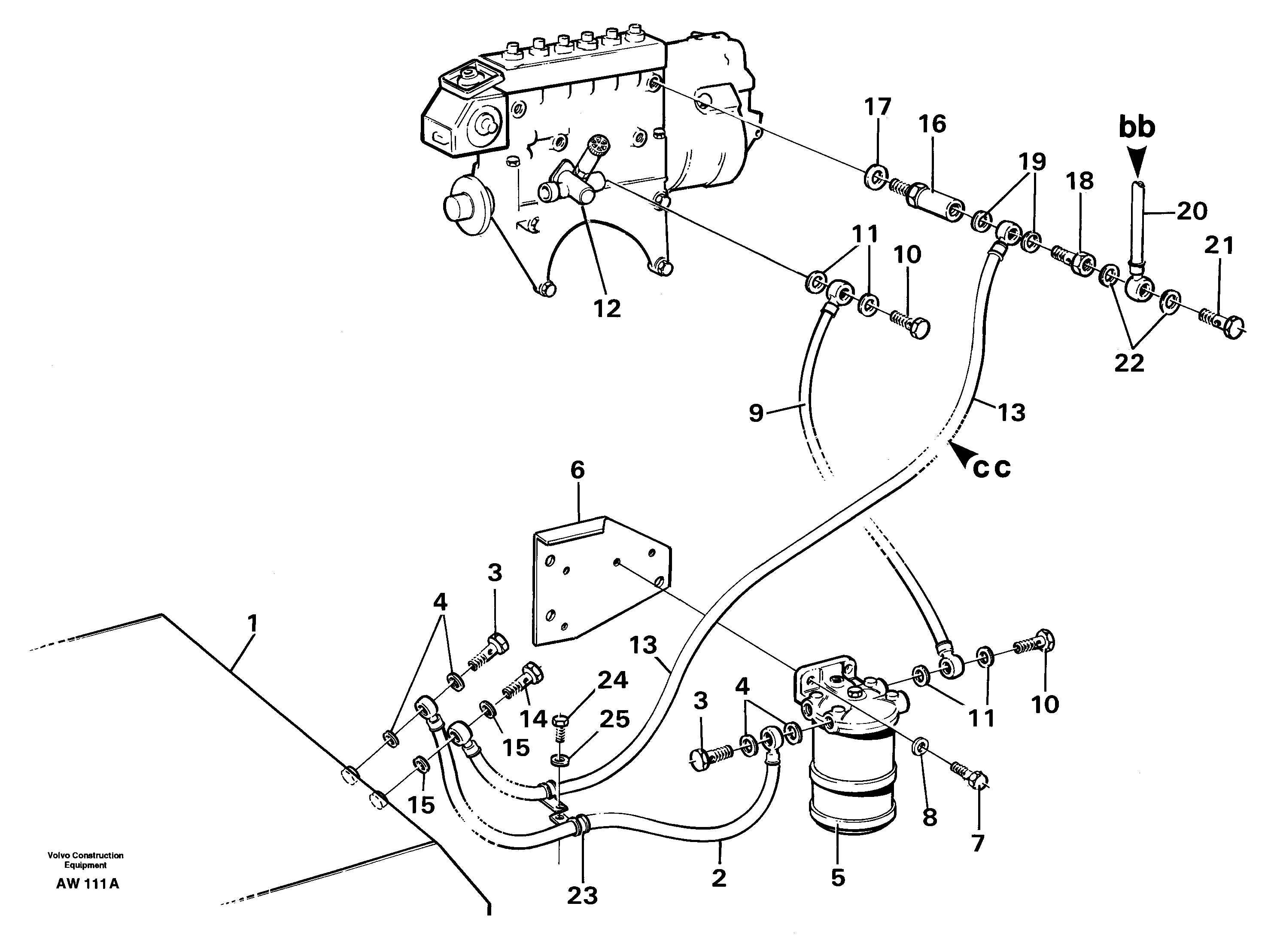 Fuel pipes, fuel tank - injection pump.  STD SER NO - 2824, 2826 - 2848, 2850 - 3000. — volvo parts diagram
