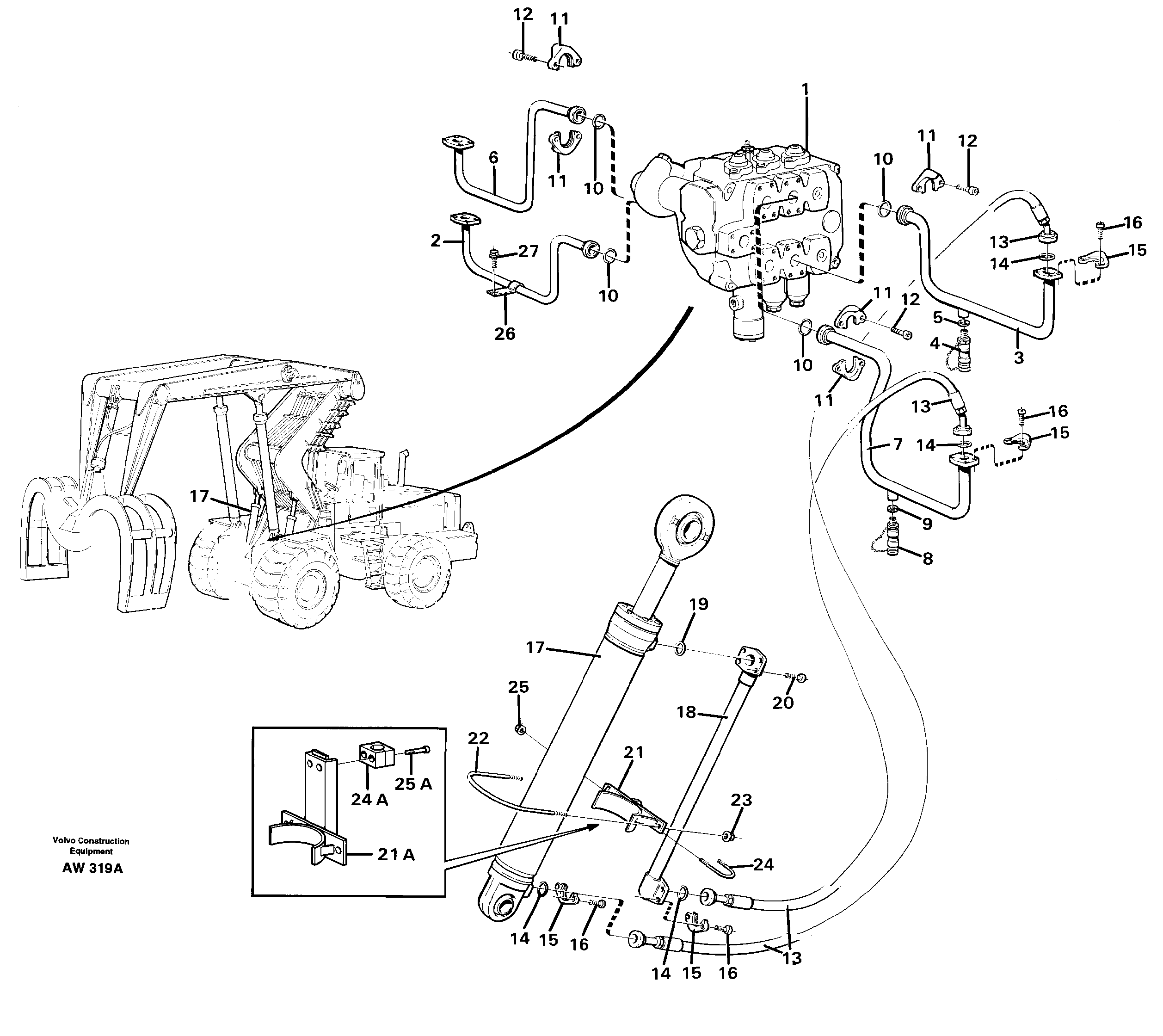 Hydraulic cylinder with hose assembly, tilt function.  33808 — volvo parts diagram