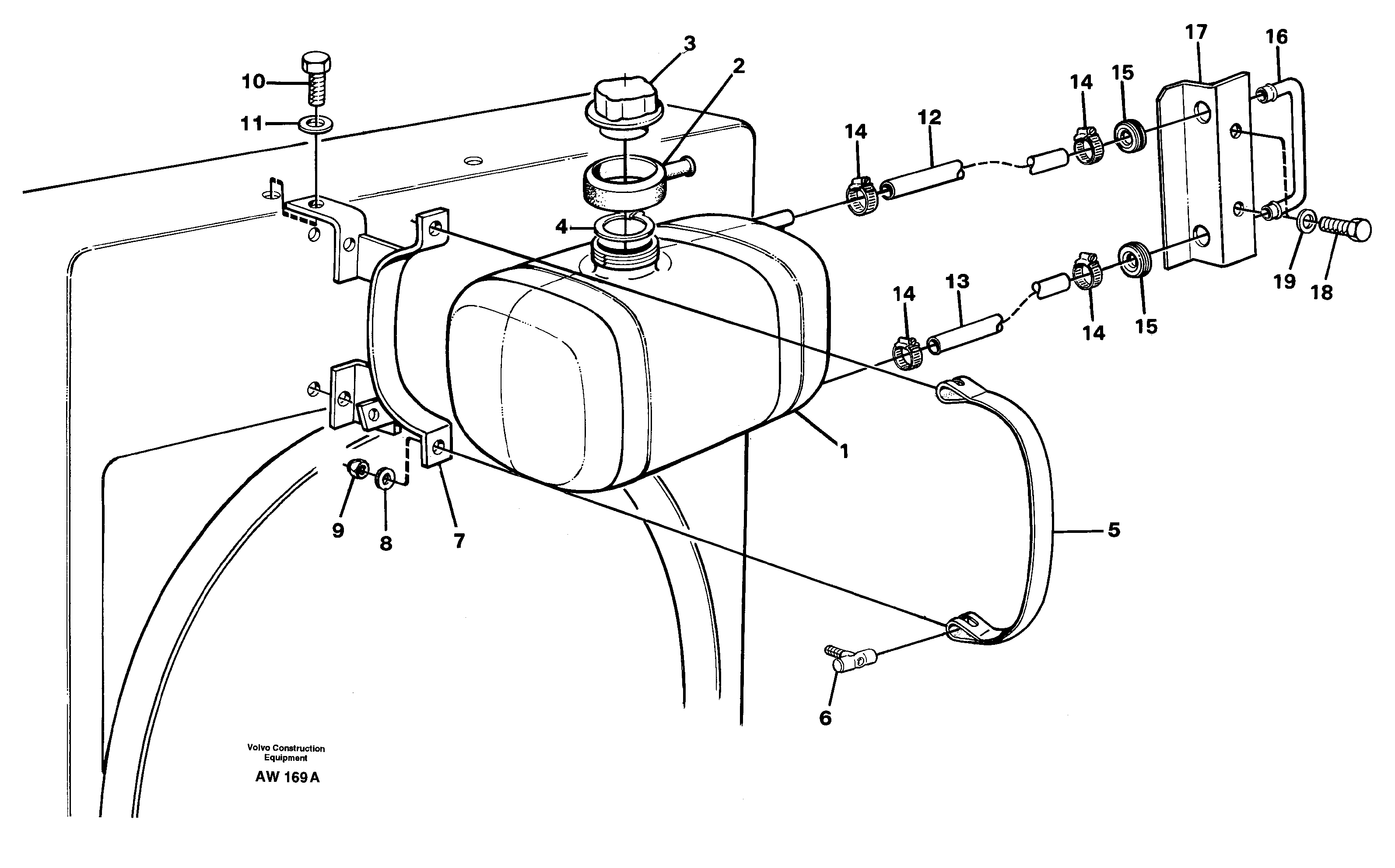 Expansion tank with fitting parts  STD SER NO - 2824, 2826 - 2848, 2850 - 3000. — volvo parts diagram