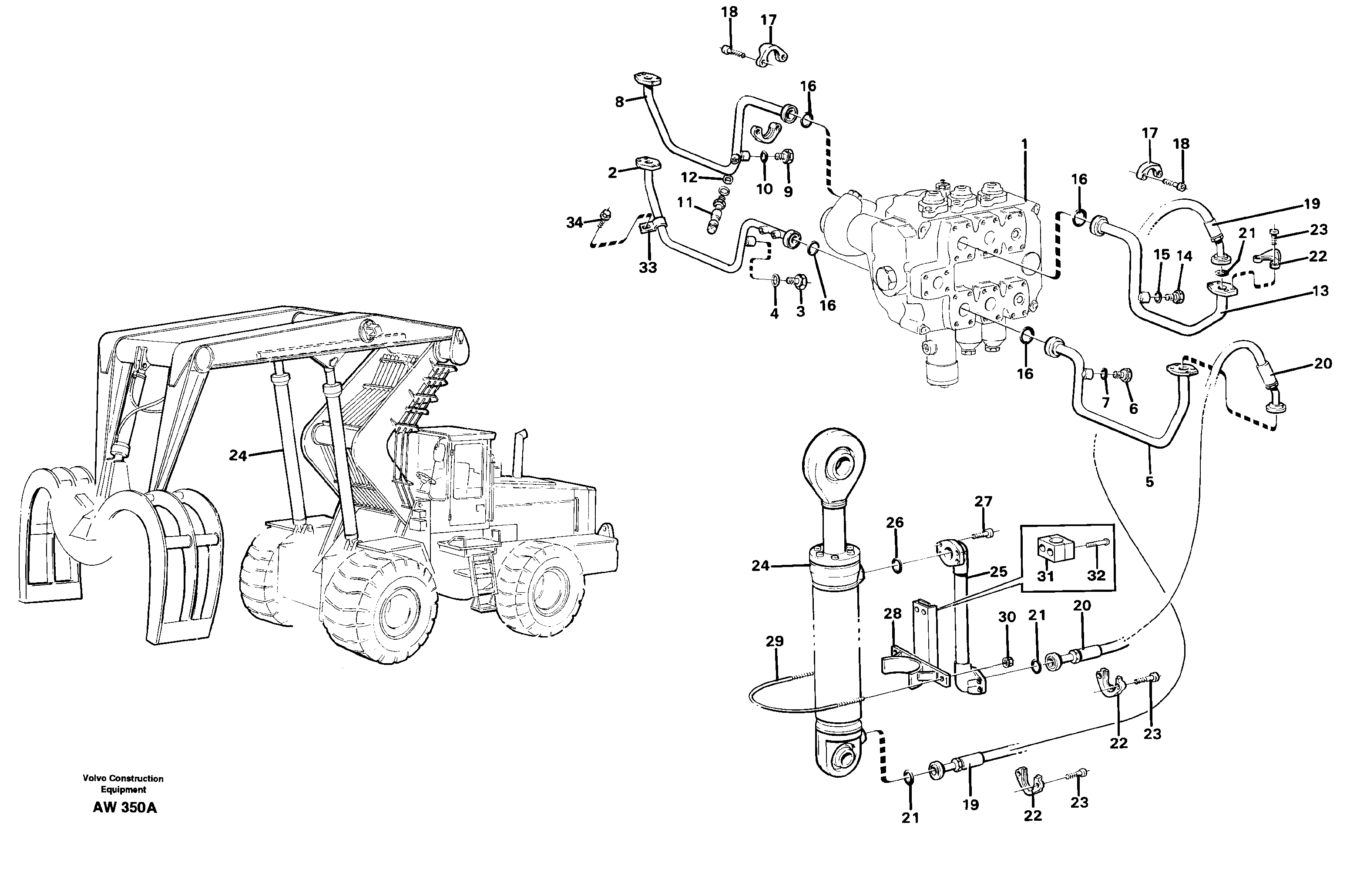 Hydraulic cylinder with hose assembly, lift function.  33808 — volvo parts diagram
