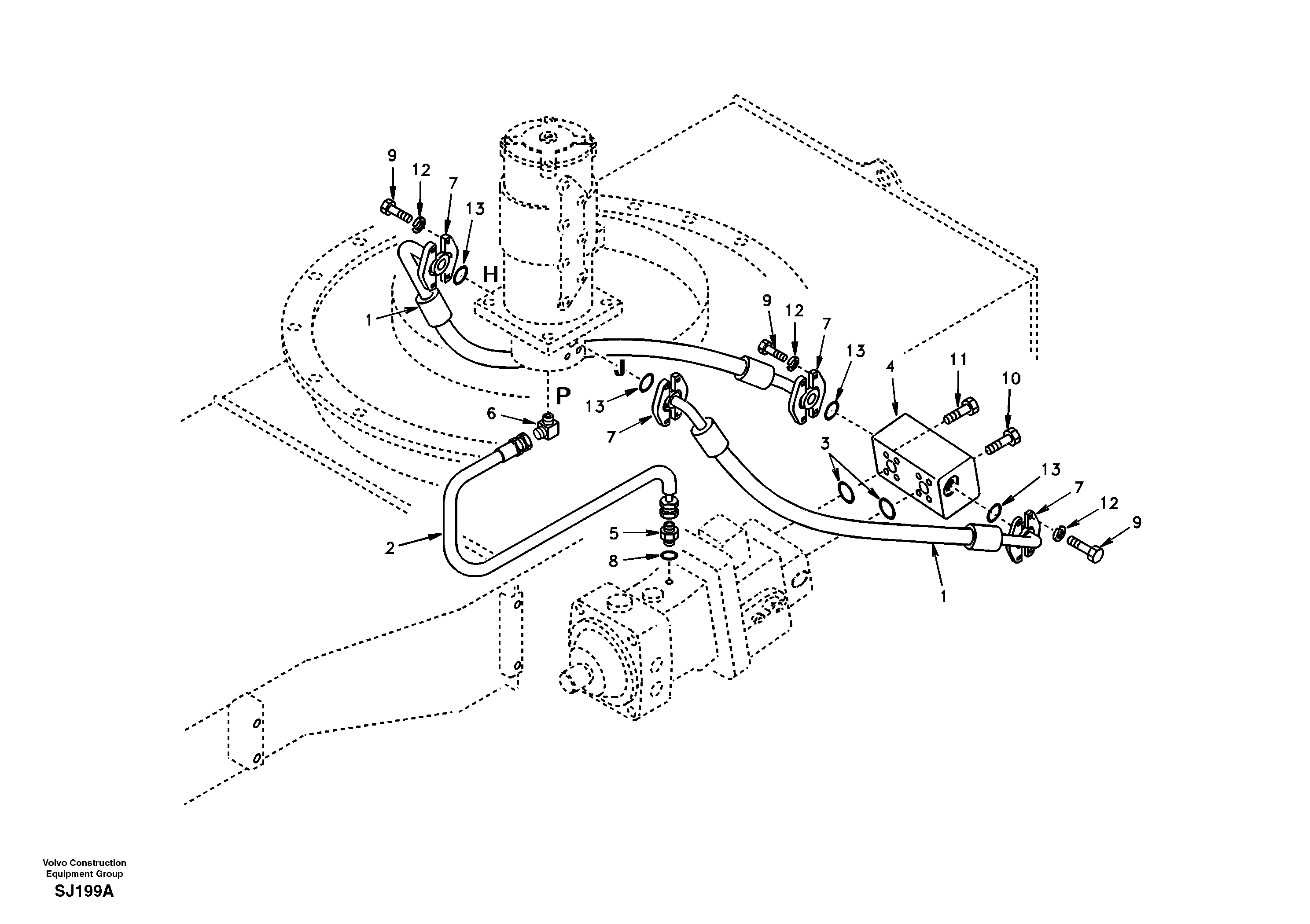 Turning joint line, turning joint to travel motor — volvo parts diagram