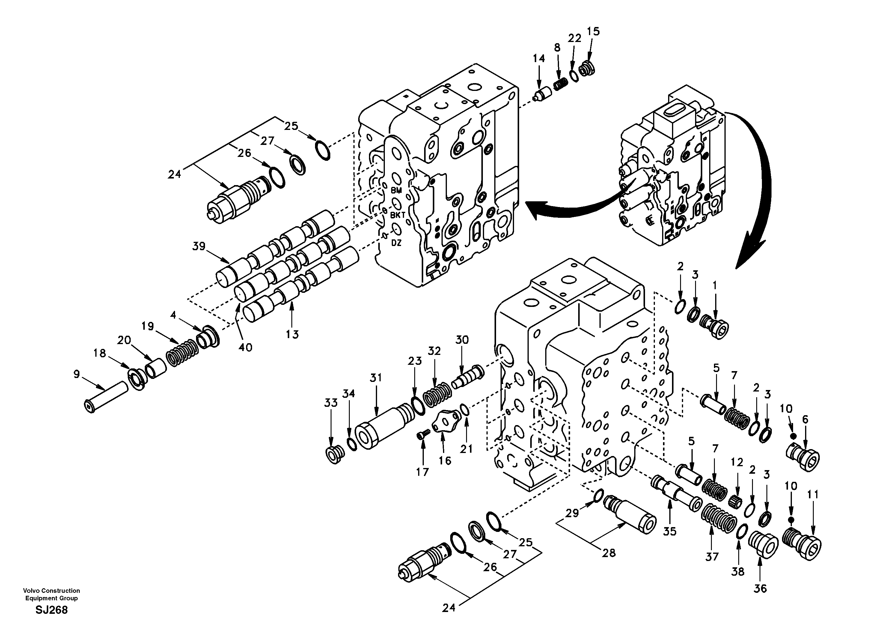 Main control valve, boom and bucket and travel Rh — volvo parts diagram