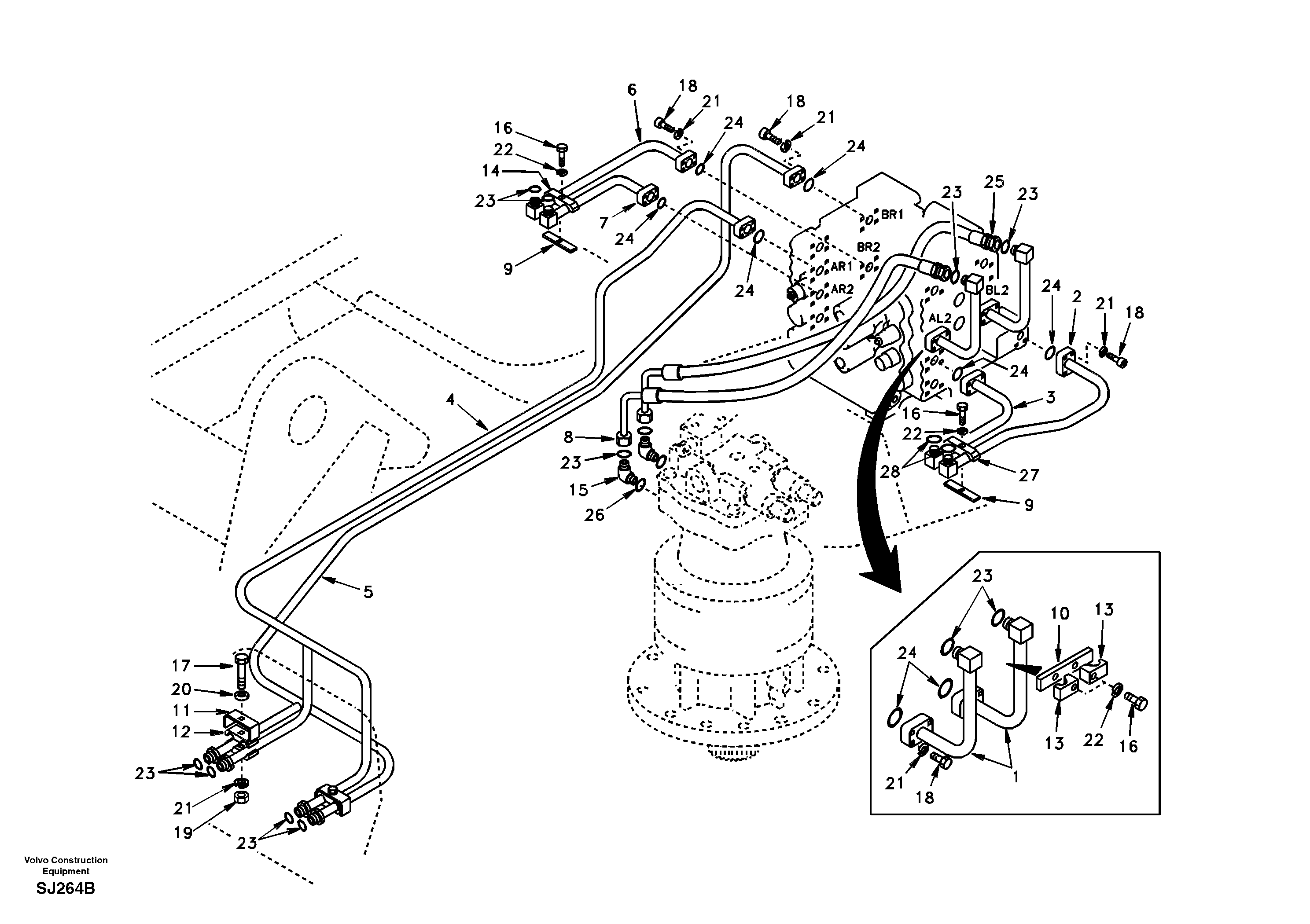 Hydraulic system, control valve to boom and swing — volvo parts diagram