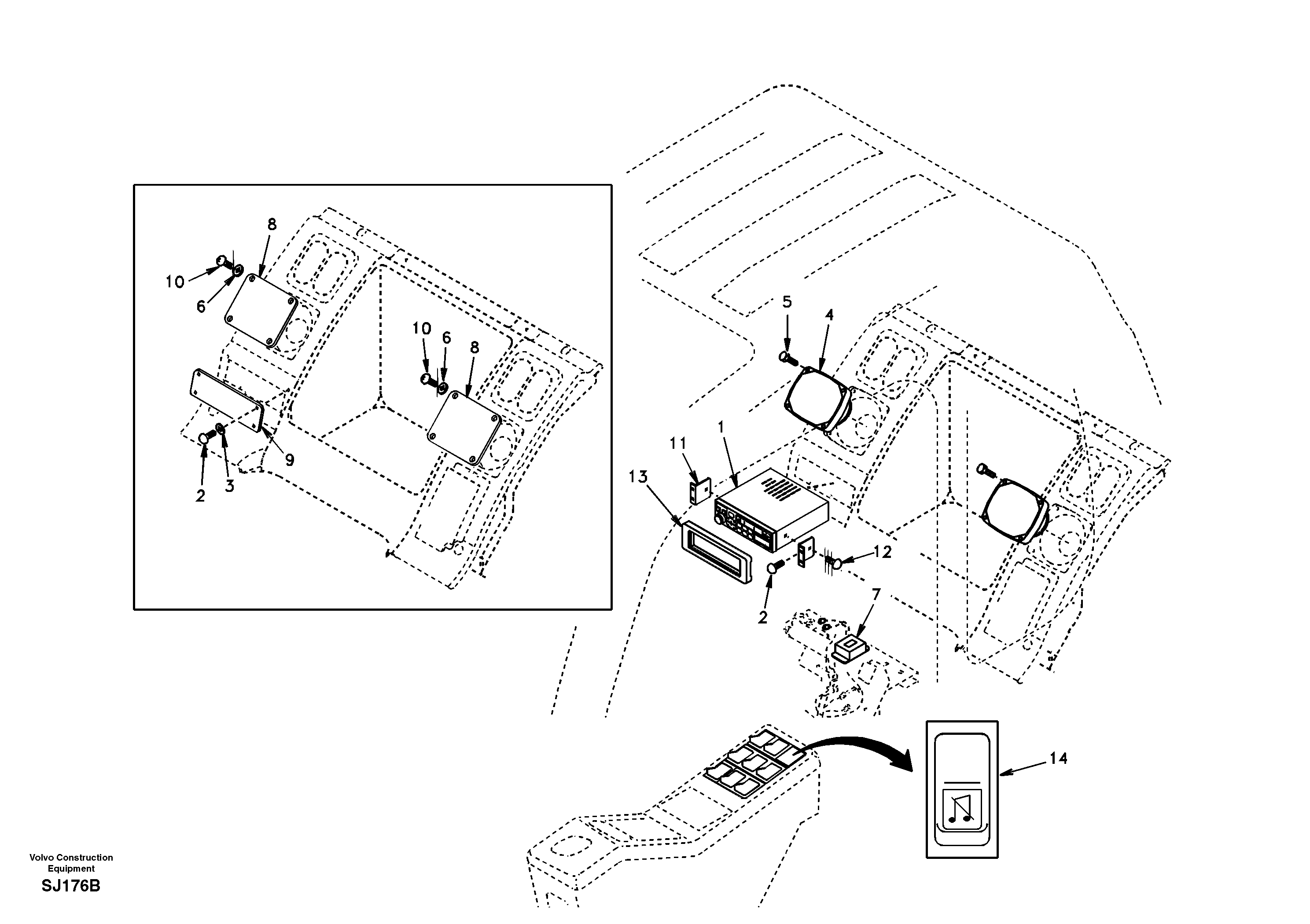 Cassette radio recorder with mounting details — volvo parts diagram