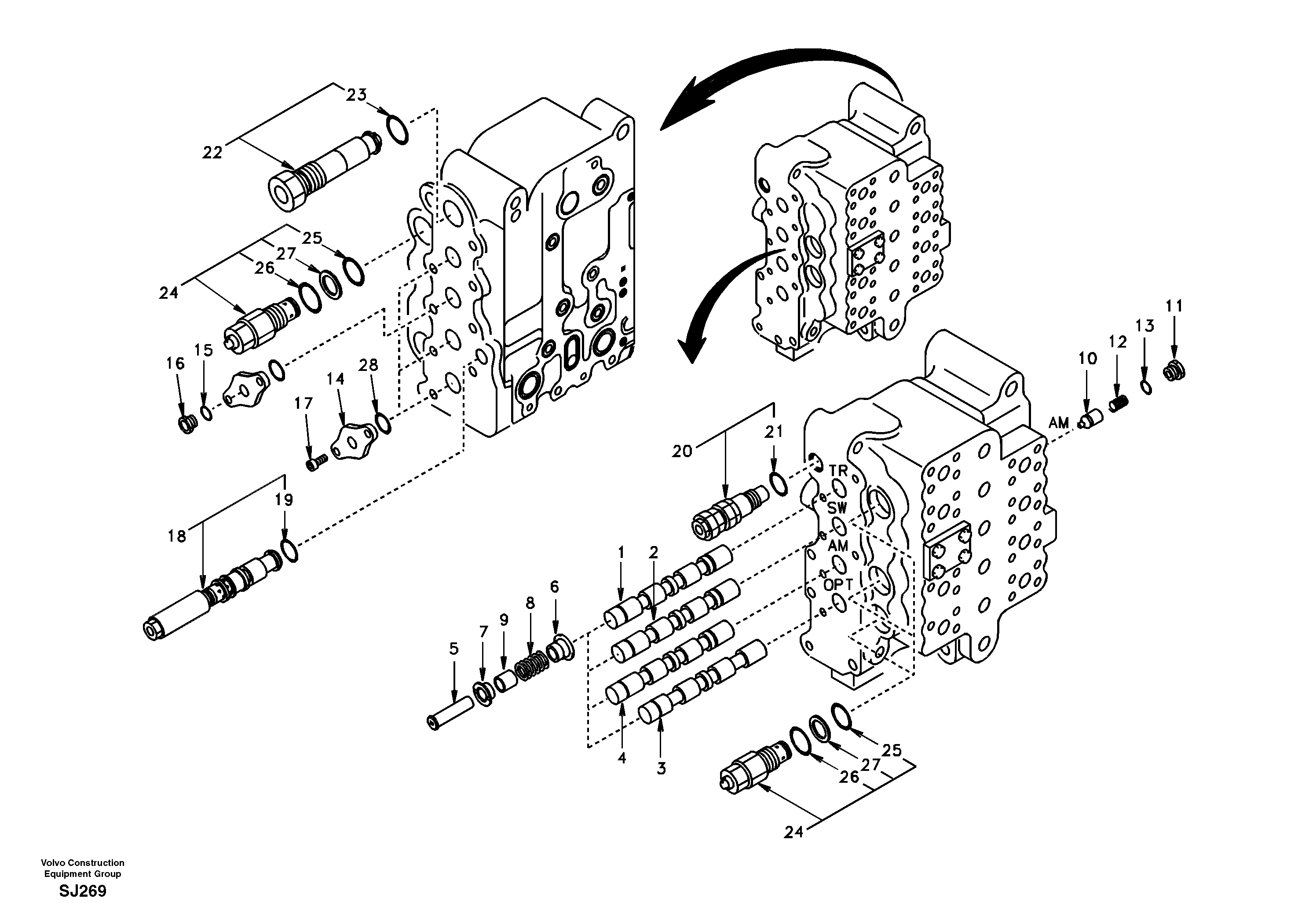 Main control valve, swing and option and dipper arm and travel Lh — volvo parts diagram