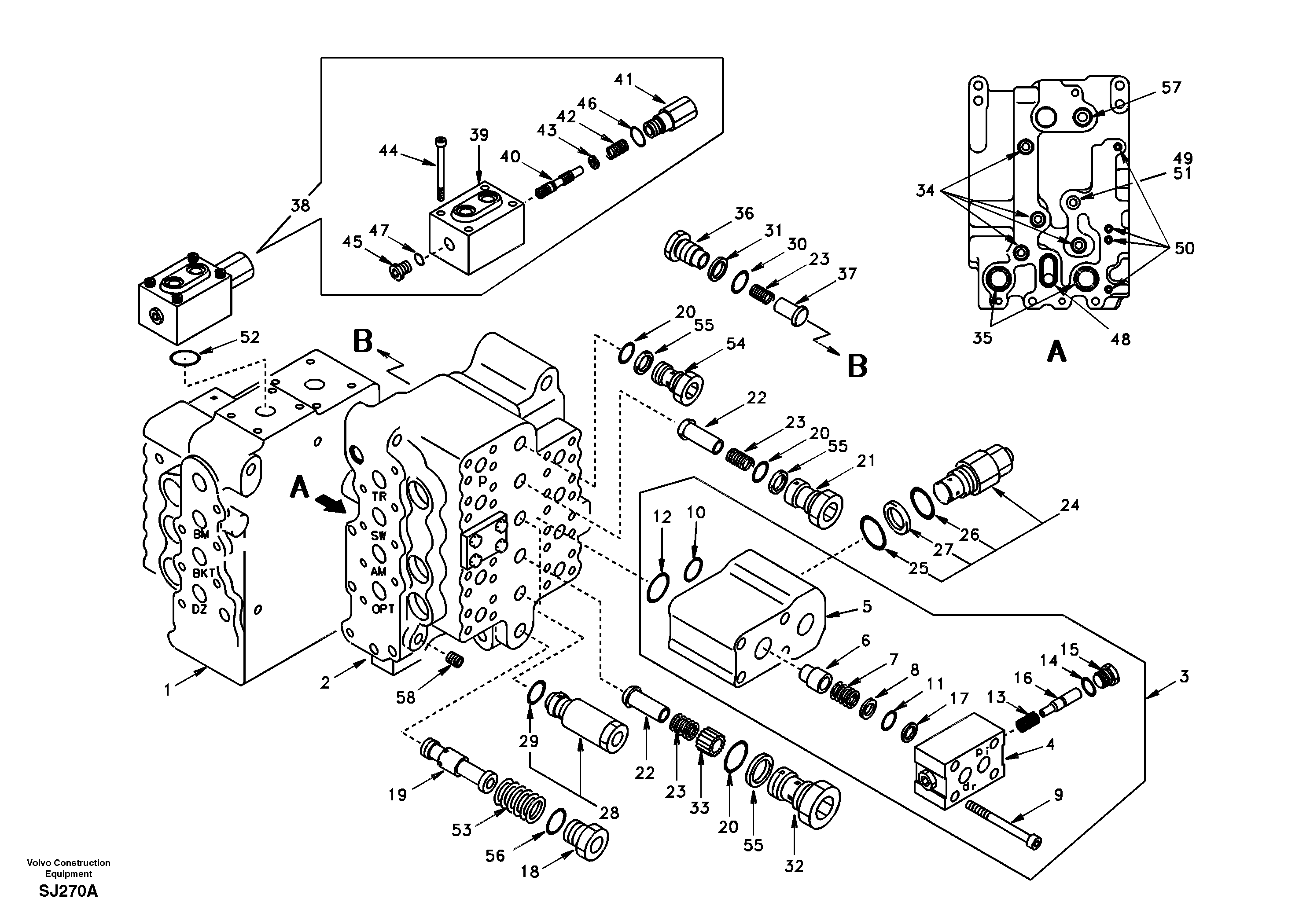 Main control valve, relief valve and dipper arm holding — volvo parts diagram