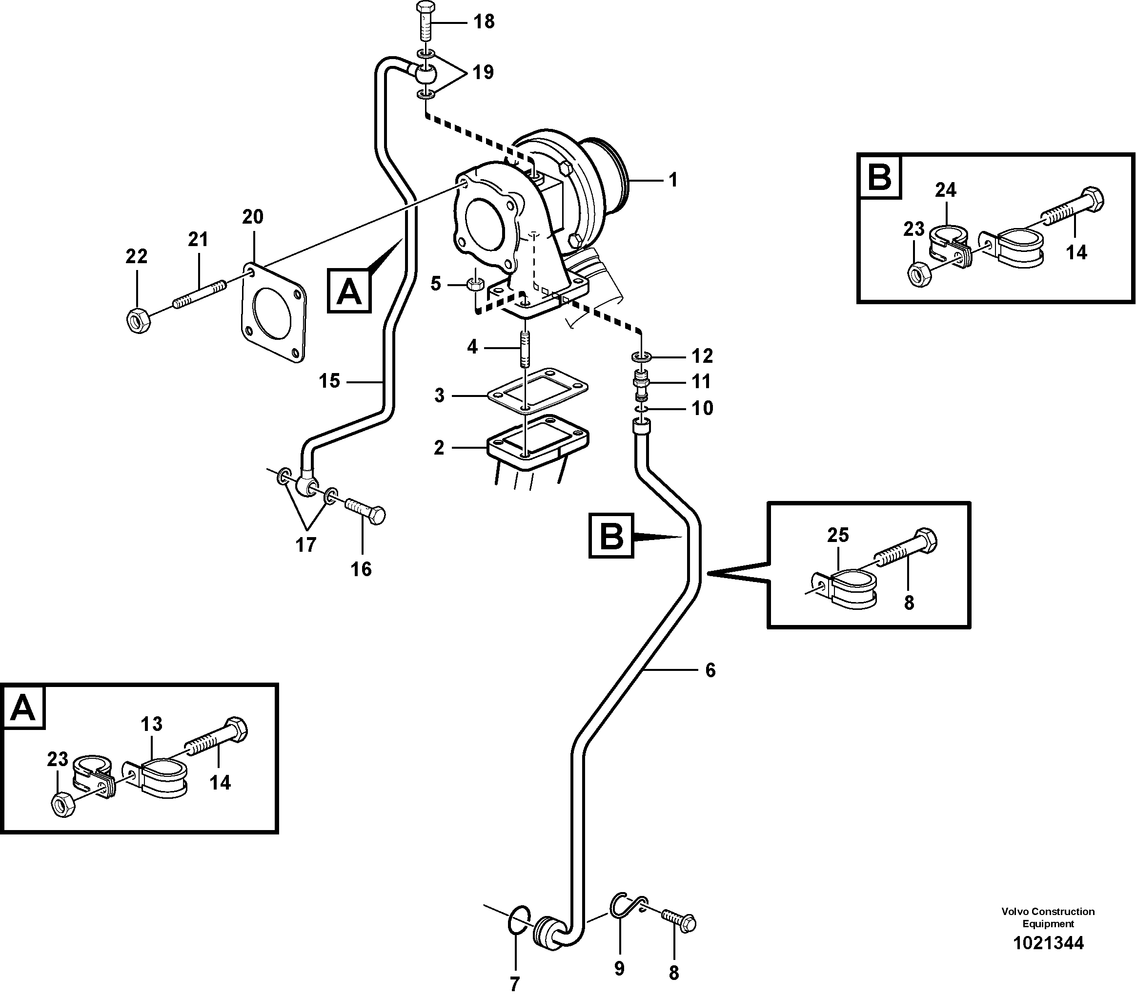 Turbocharger with fitting parts  11883246, 11885148, 11887320 — volvo parts diagram