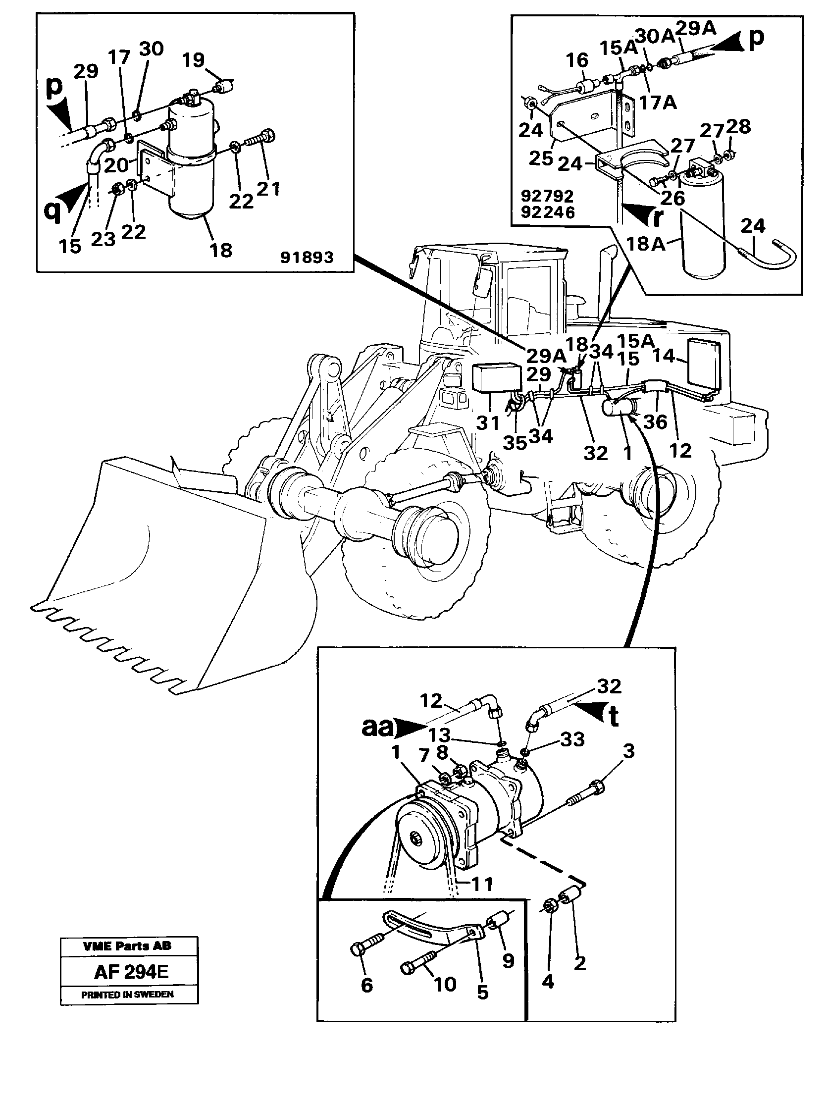 Air compressor with fitting parts.  91893,   92246,   92792,   93448 — volvo parts diagram