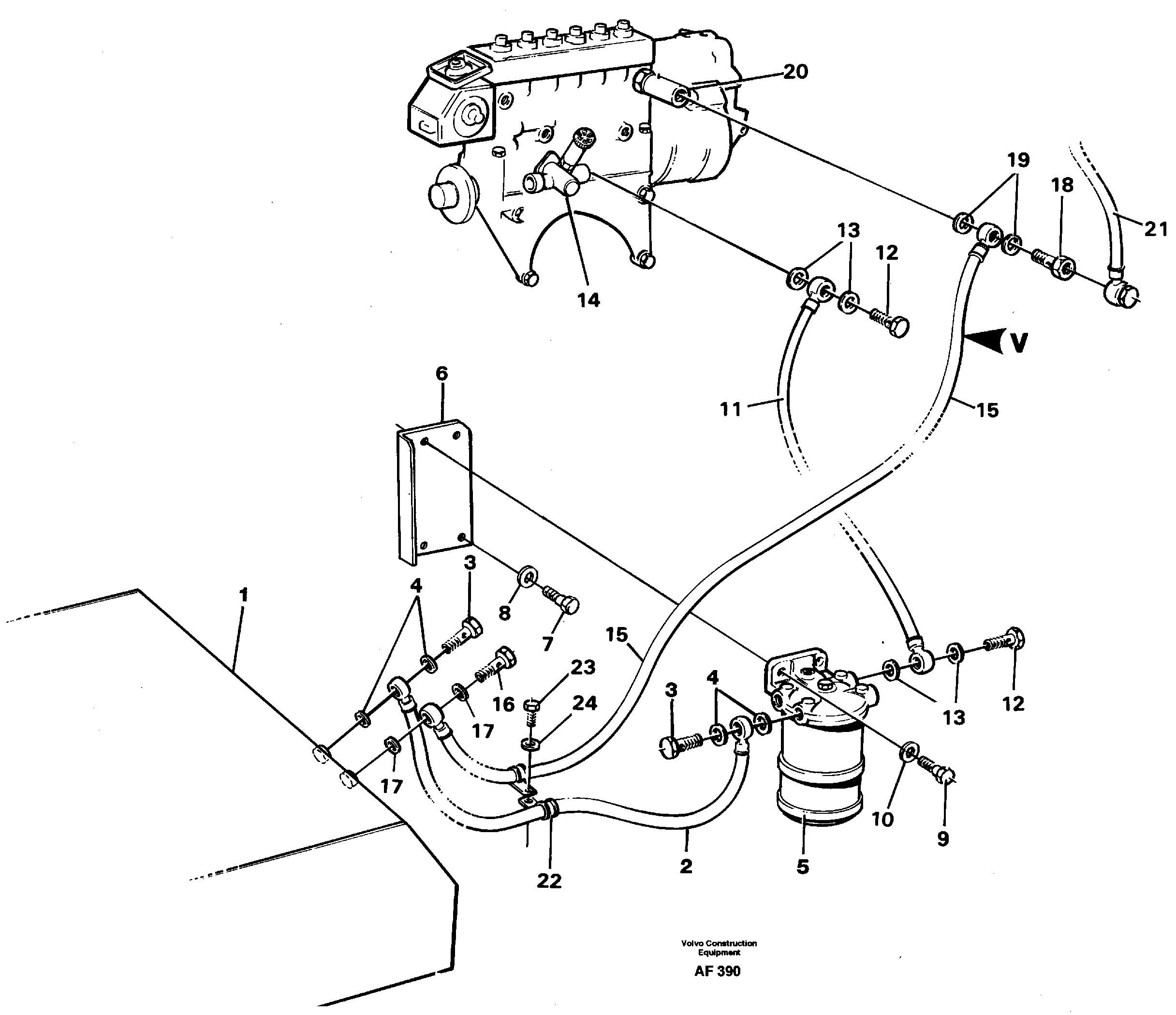 Fuel pipes, fuel tank - injection pump.  TD 103 KCE — volvo parts diagram