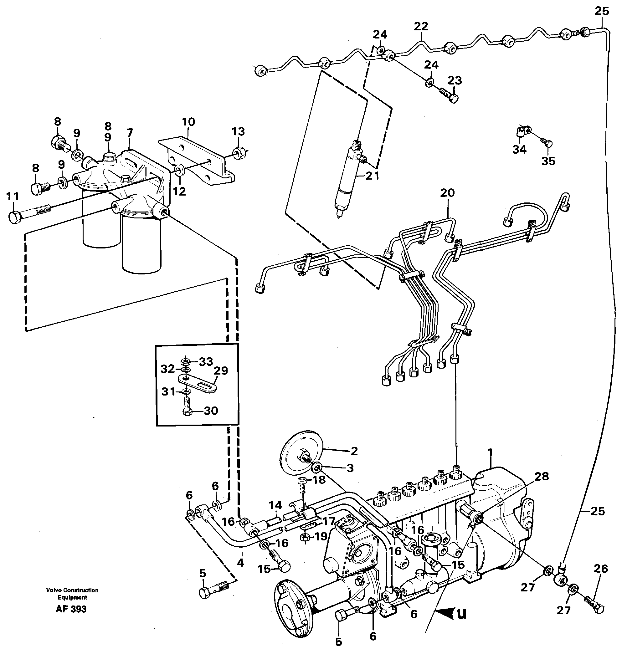 Fuel pipes, injection pump - fuel filter.  TD 102 GC / KCE — volvo parts diagram