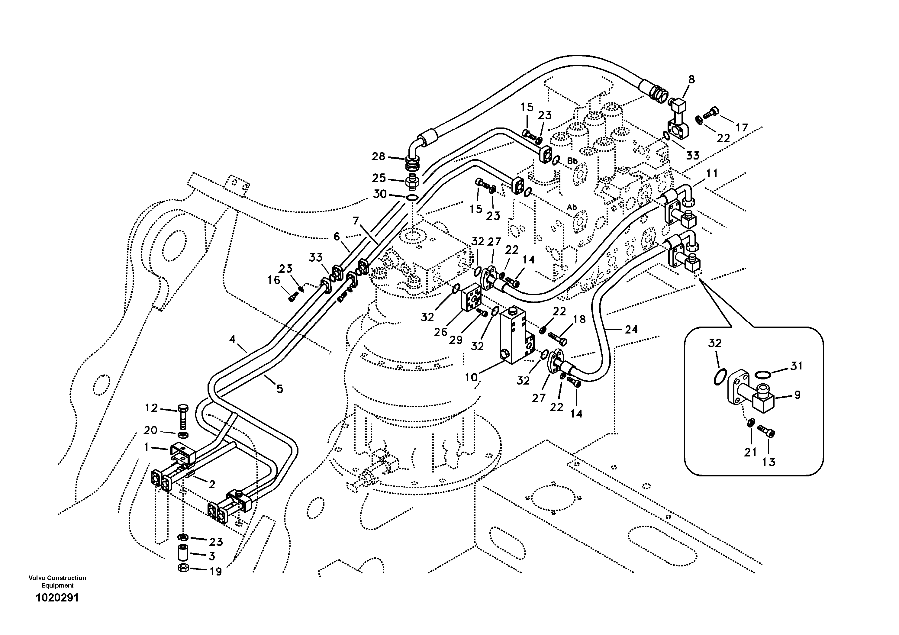 Hydraulic system, control valve to boom and swing — volvo parts diagram