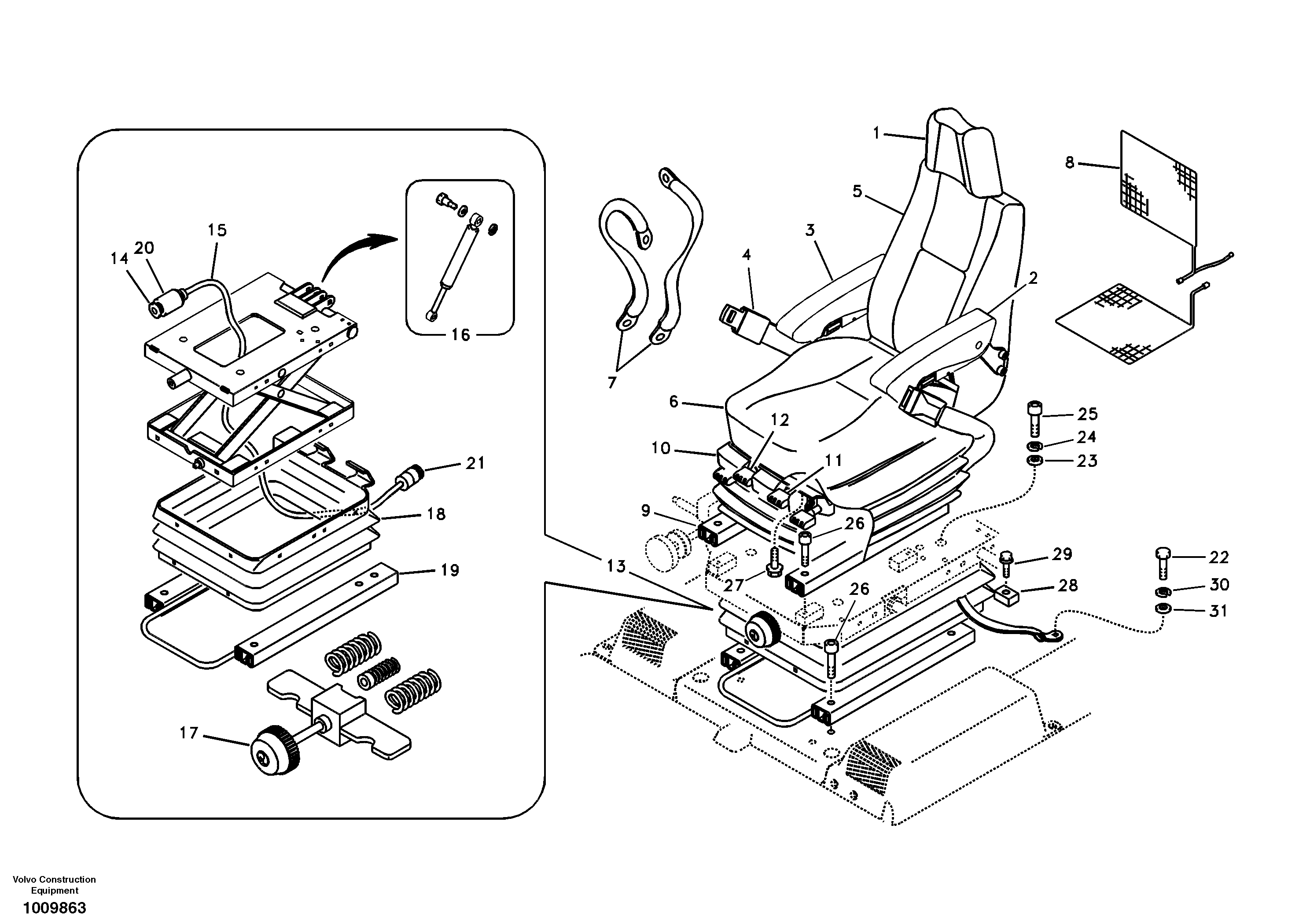 Operator seat with fitting parts — volvo parts diagram