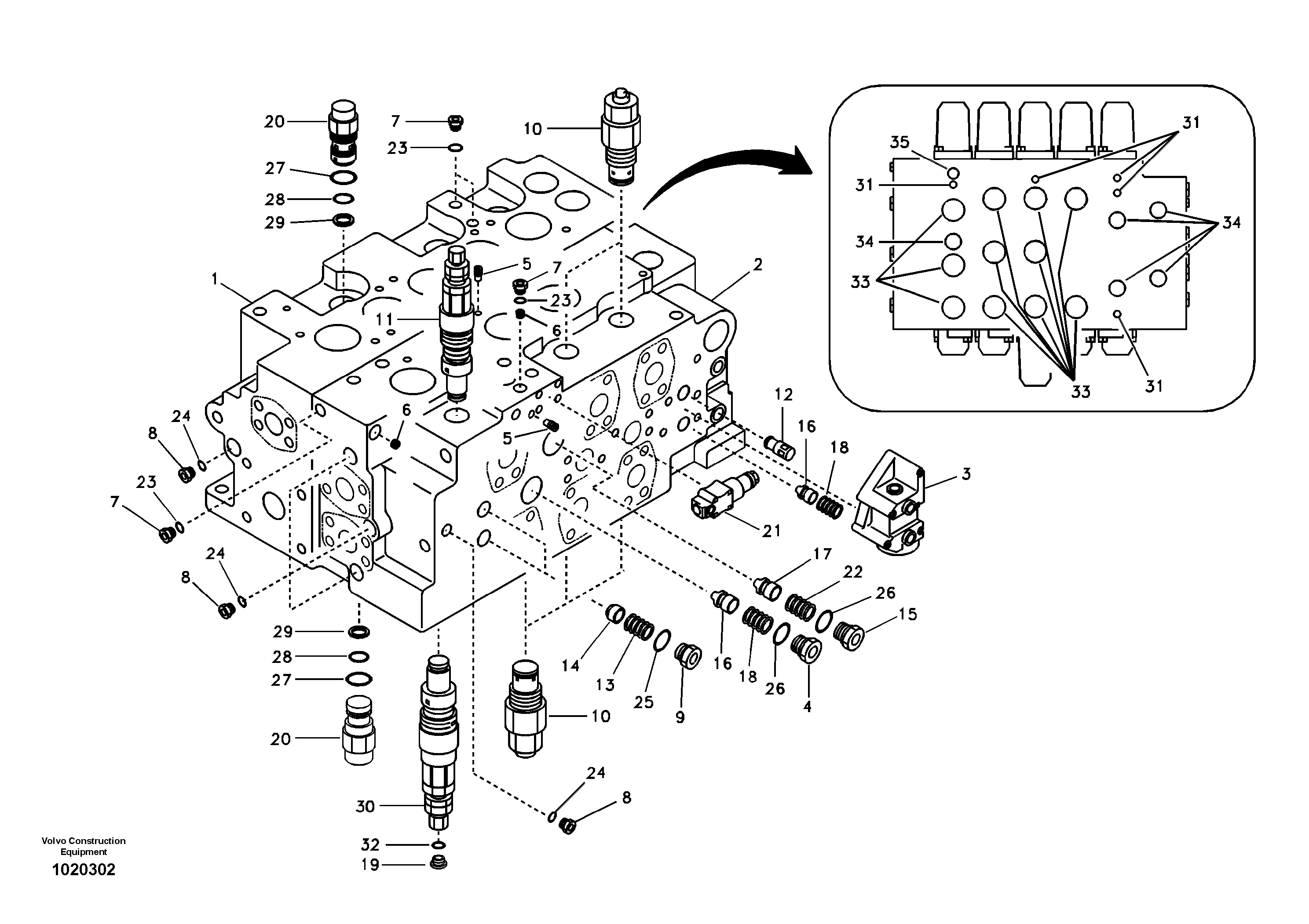Main control valve, relife valve and boom holding — volvo parts diagram