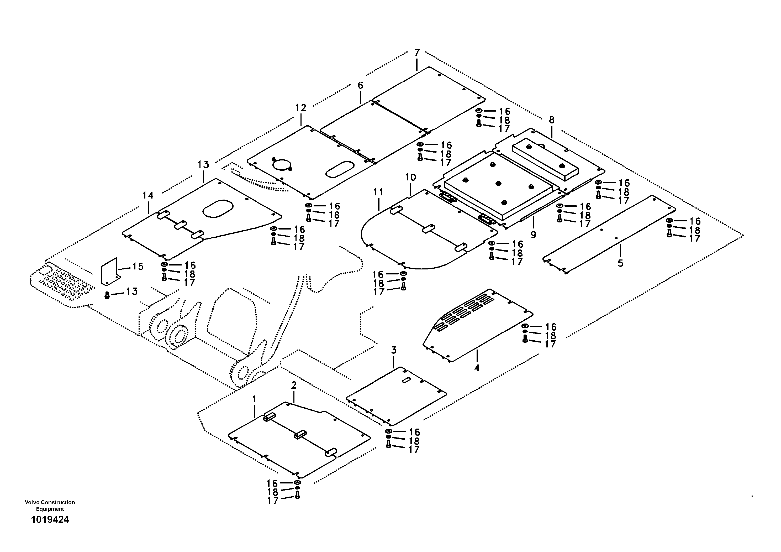 Hatches under engine, hydr.pumps, cooler, m.valve and fuel tank. — volvo parts diagram