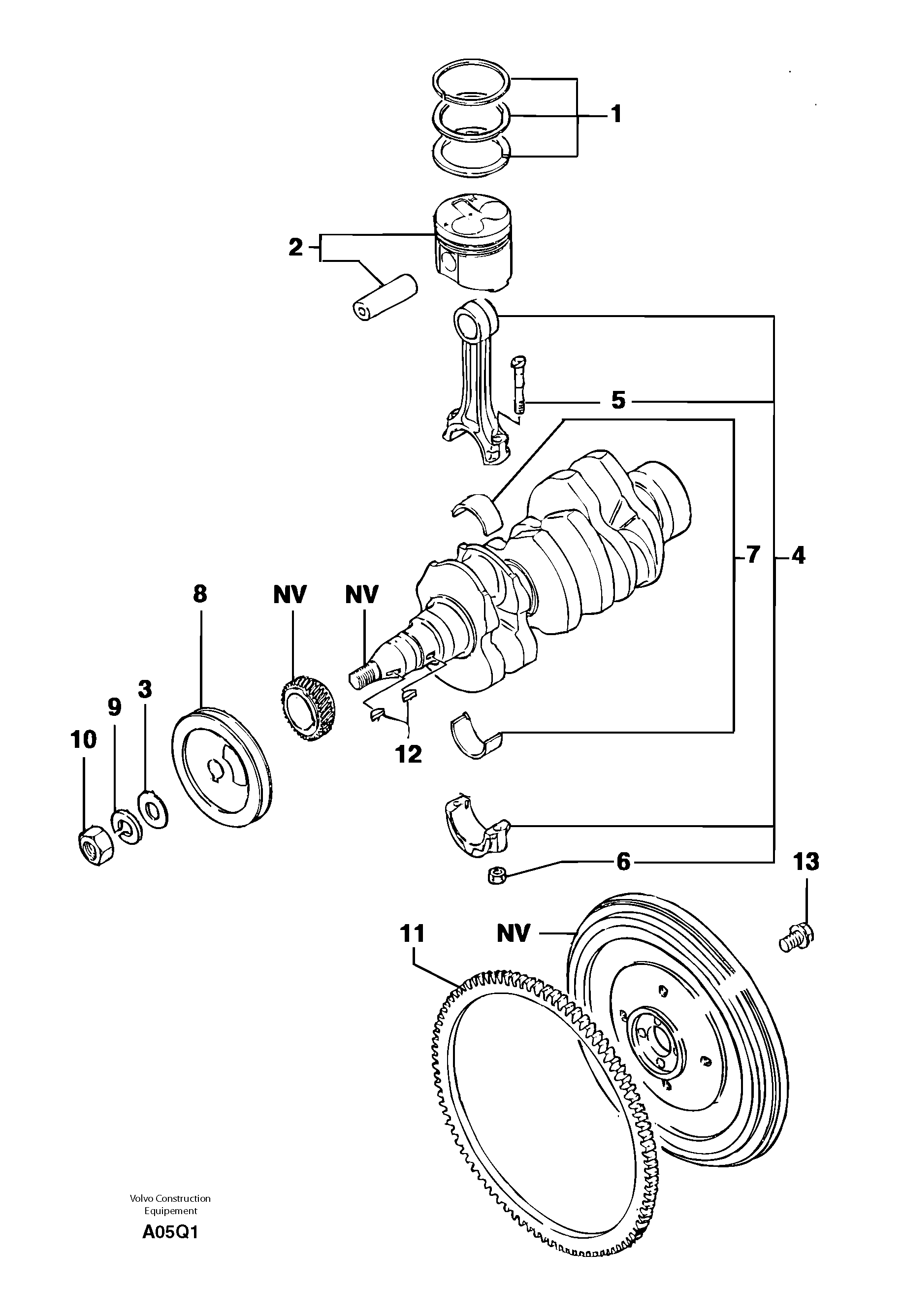 Pistons / connecting rods / crankshaft / flywheel — volvo parts diagram