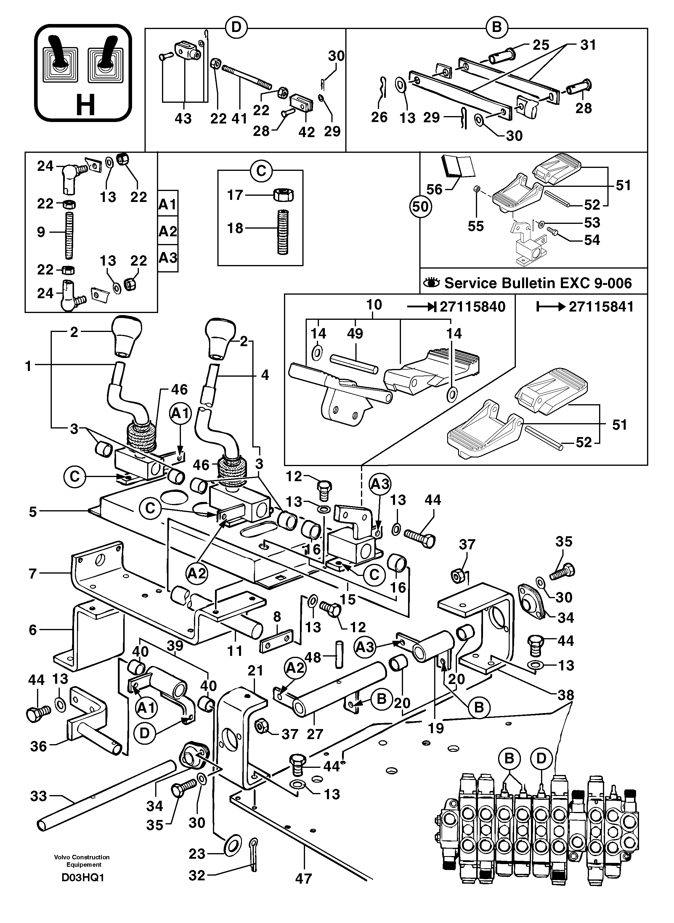 Control levers : travelling / accessories — volvo parts diagram