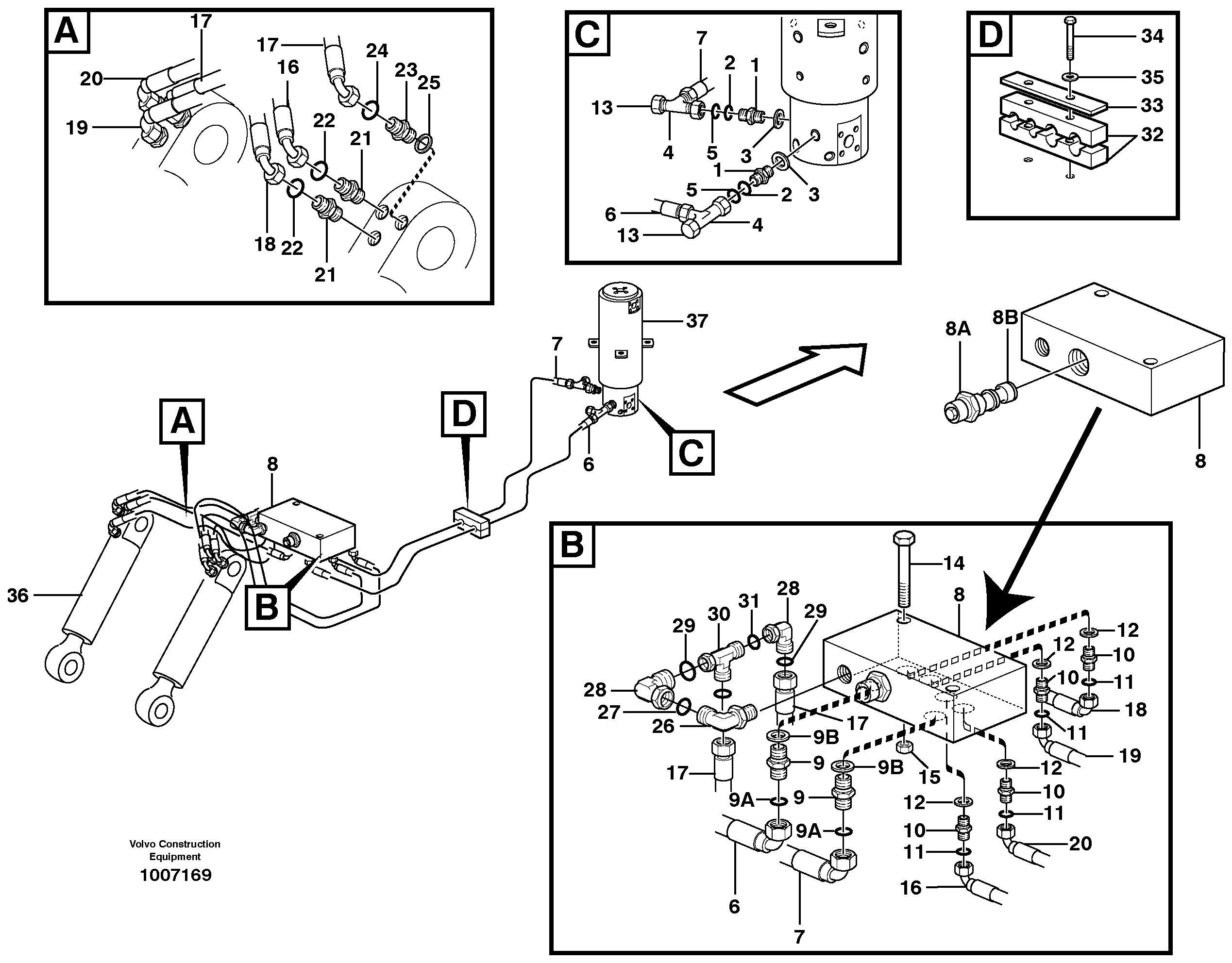 Hydraulic system for support blade, undercarriage  14313000, 14313130 — volvo parts diagram