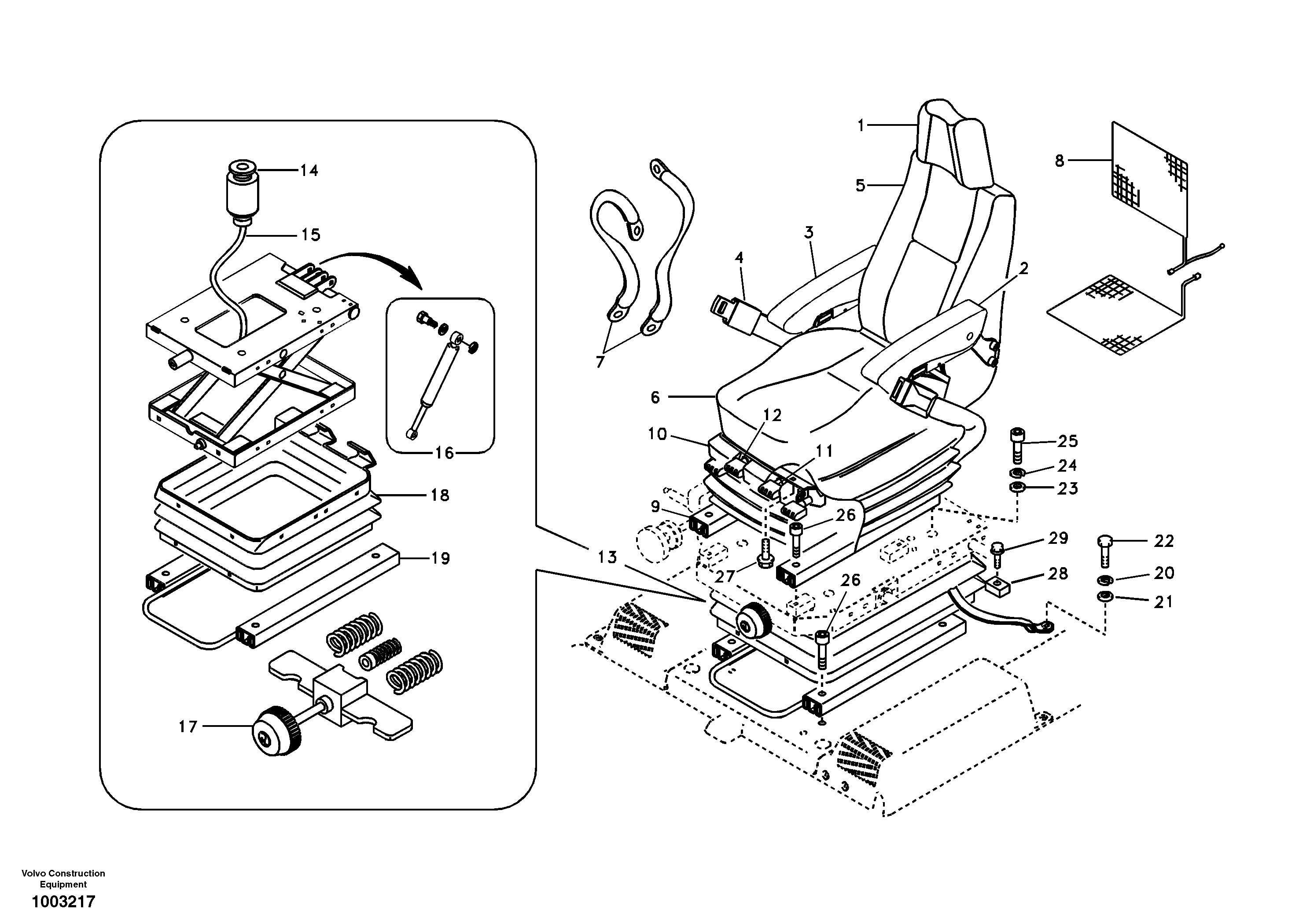 Operator seat with fitting parts  14312151, 14312034, 14312037 — volvo parts diagram