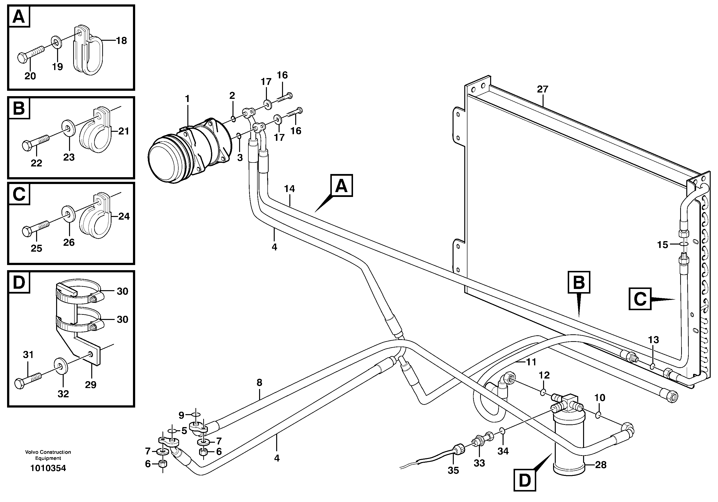 Assembly of hose: evaparator, receiver drier and condenser.  14312035 — volvo parts diagram