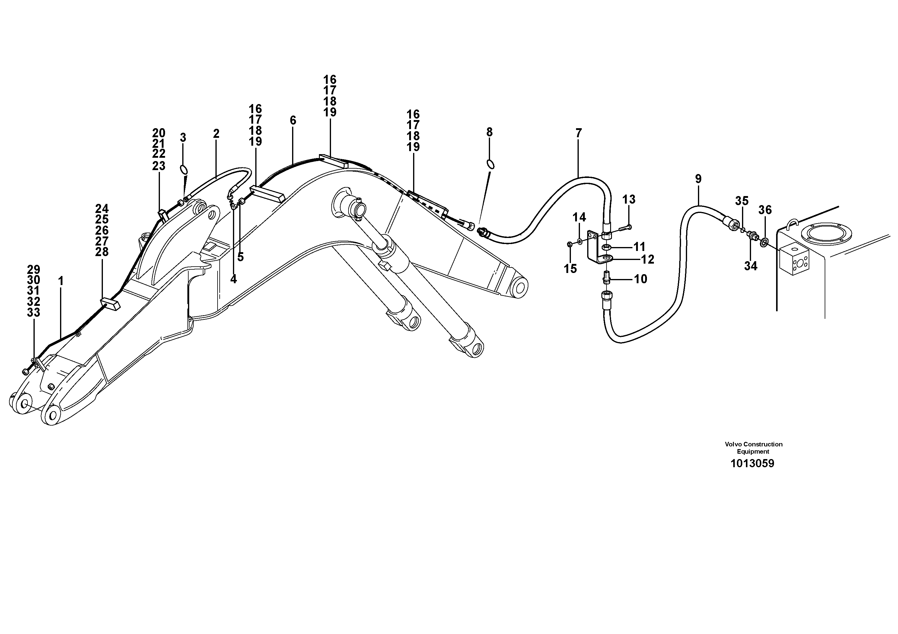 Hammer hydraulics mono boom, return line, offset  14313104 — volvo parts diagram