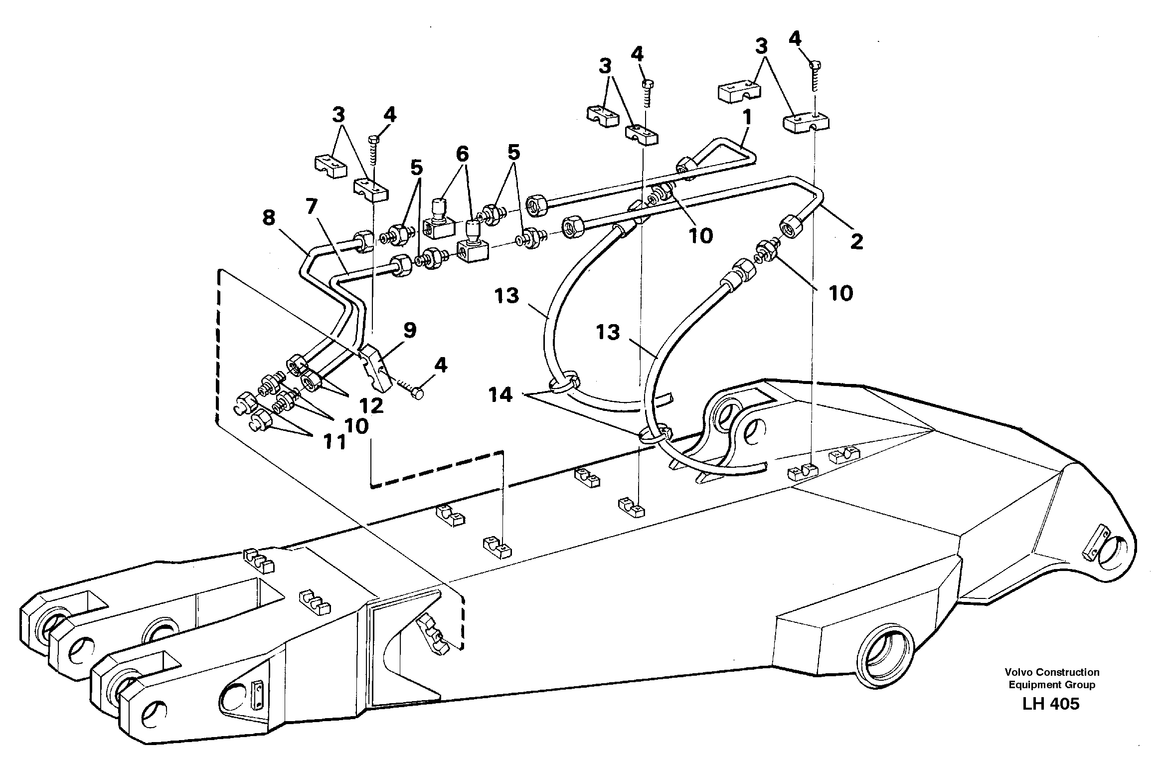 Slope bucket equipment ondipper 2.25 m/ 2.80 m incl tubings on left side  14255228  14255231  14255234 — volvo parts diagram